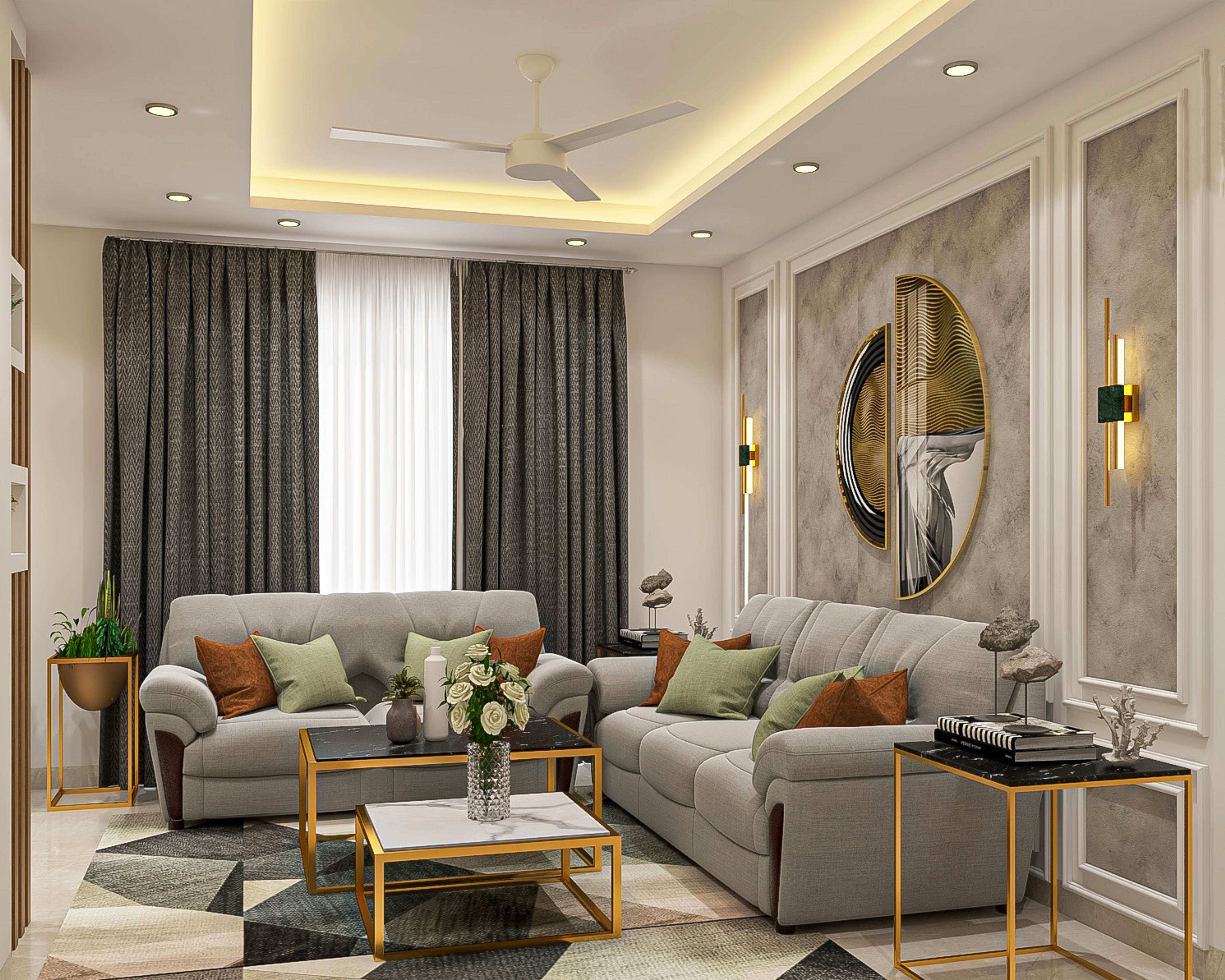 Grey Living Room Design With White And Grey Accent Wall | Livspace