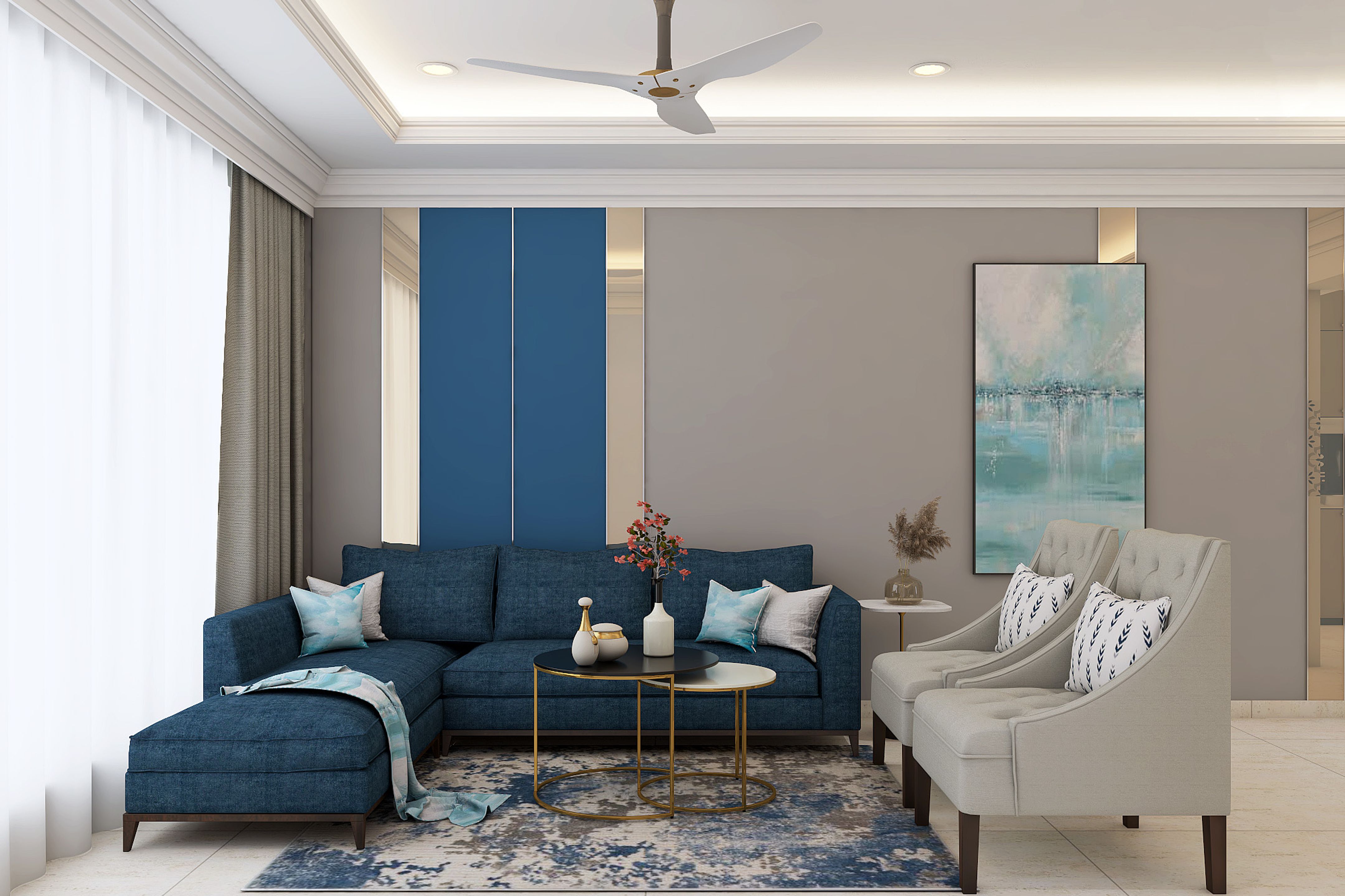 Living Room Design With Dark Blue Sectiona Sofa And Beige Chairs | Livspace