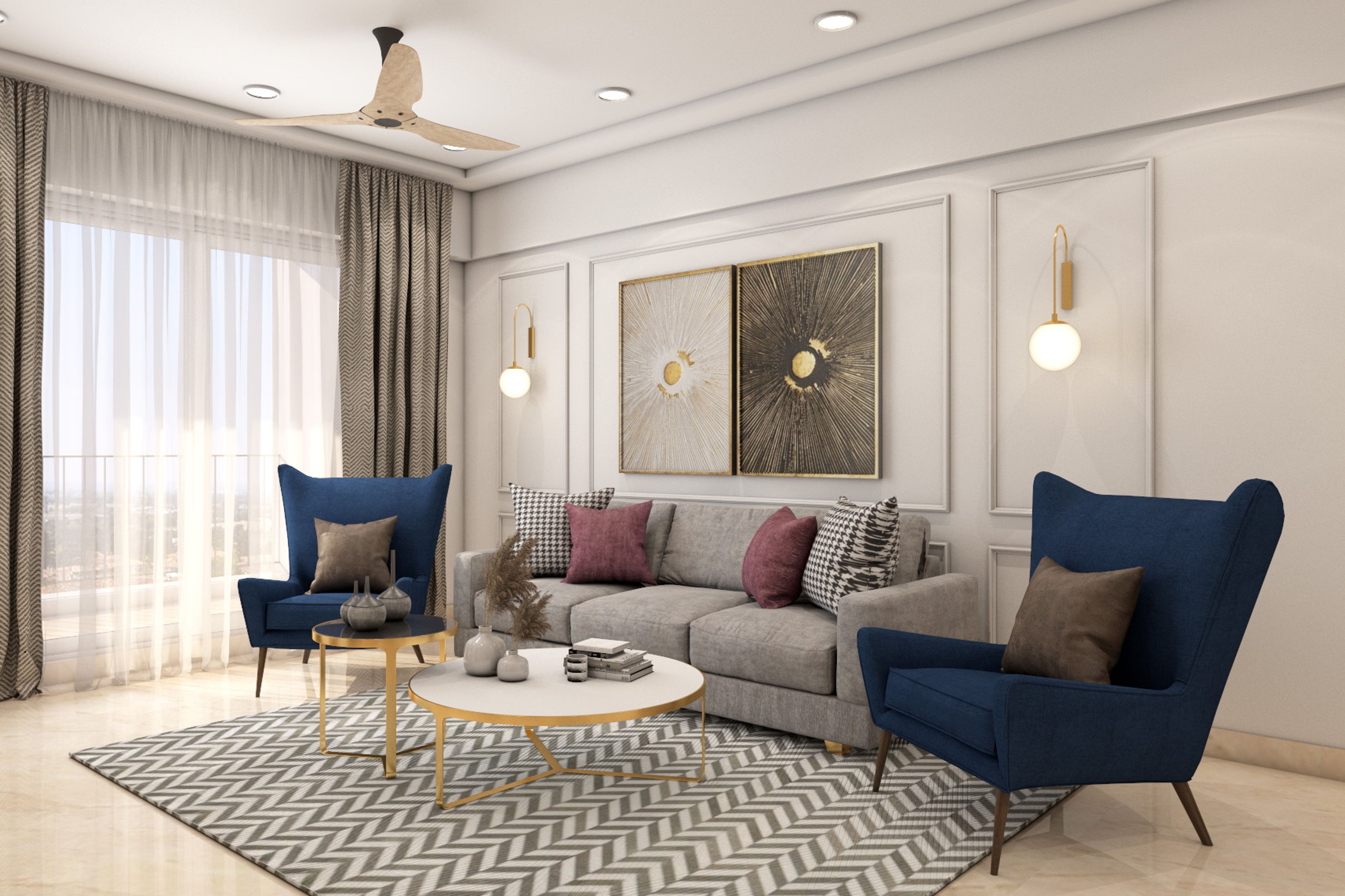 Blue And Grey Living Room Design With White Wall Trims | Livspace