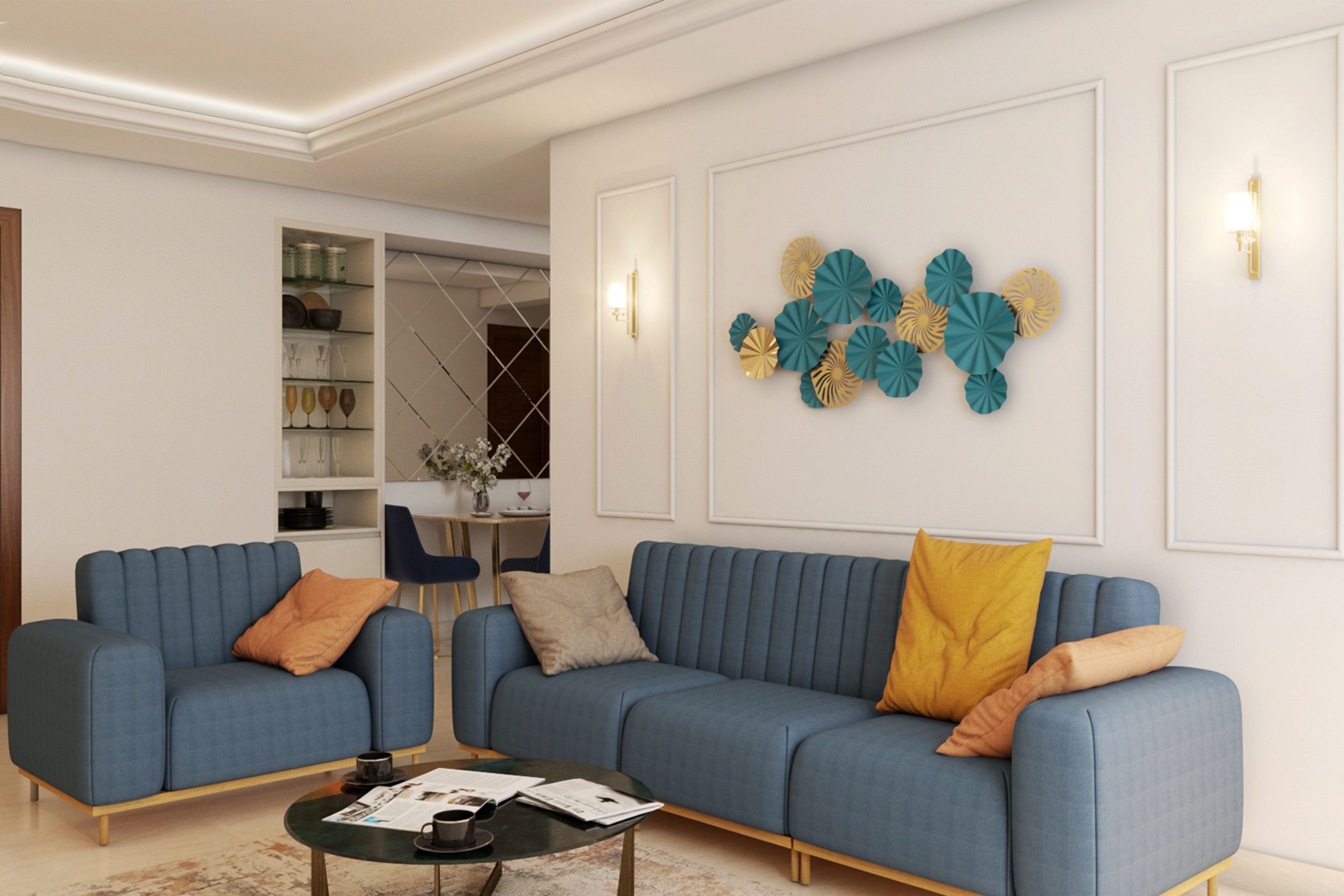 Living Room Design With Blue L-Shaped Sofa And Yellow Cushions | Livspace