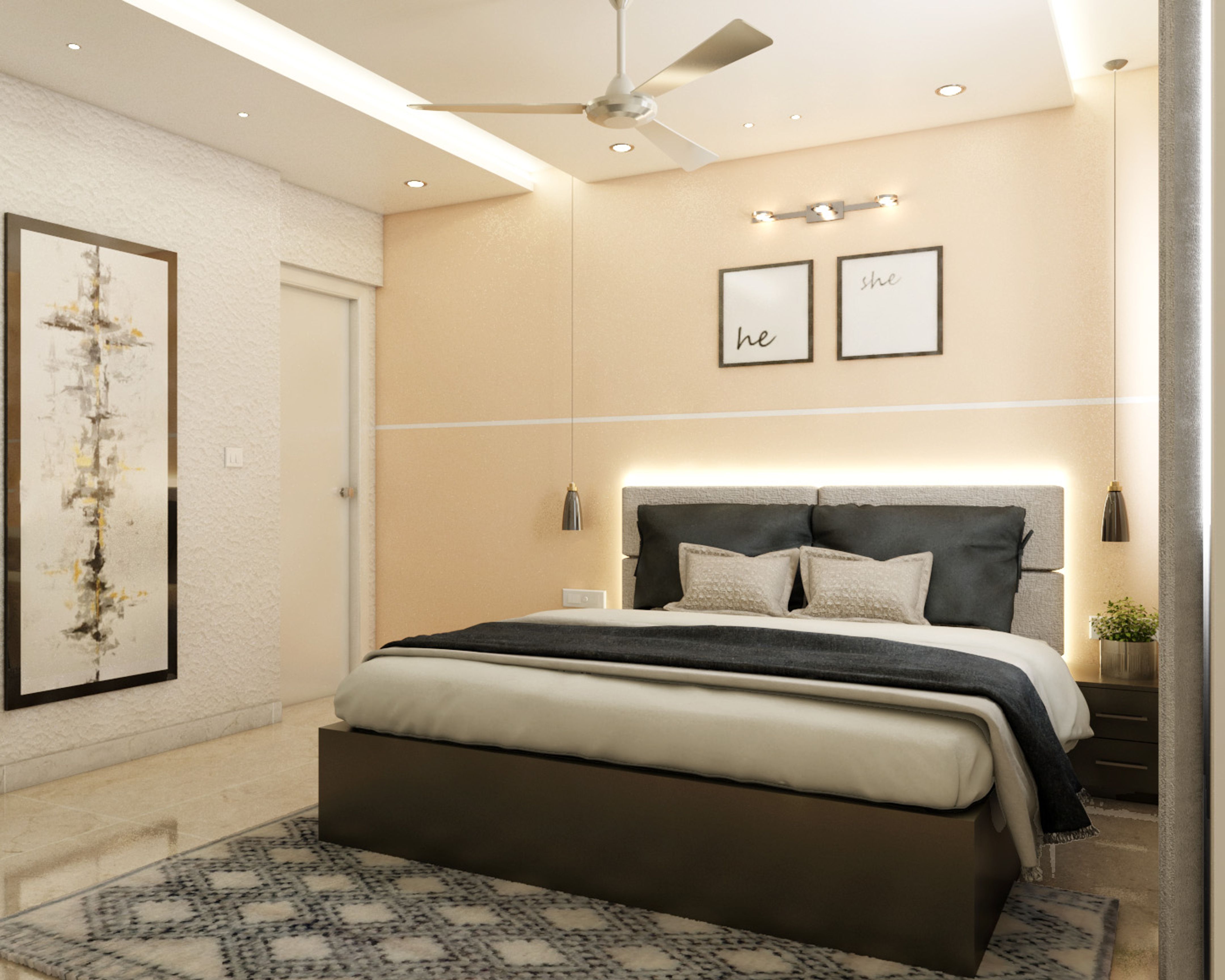 Beige Bedroom Wall Paint Design With Thin White Stripe | Livspace