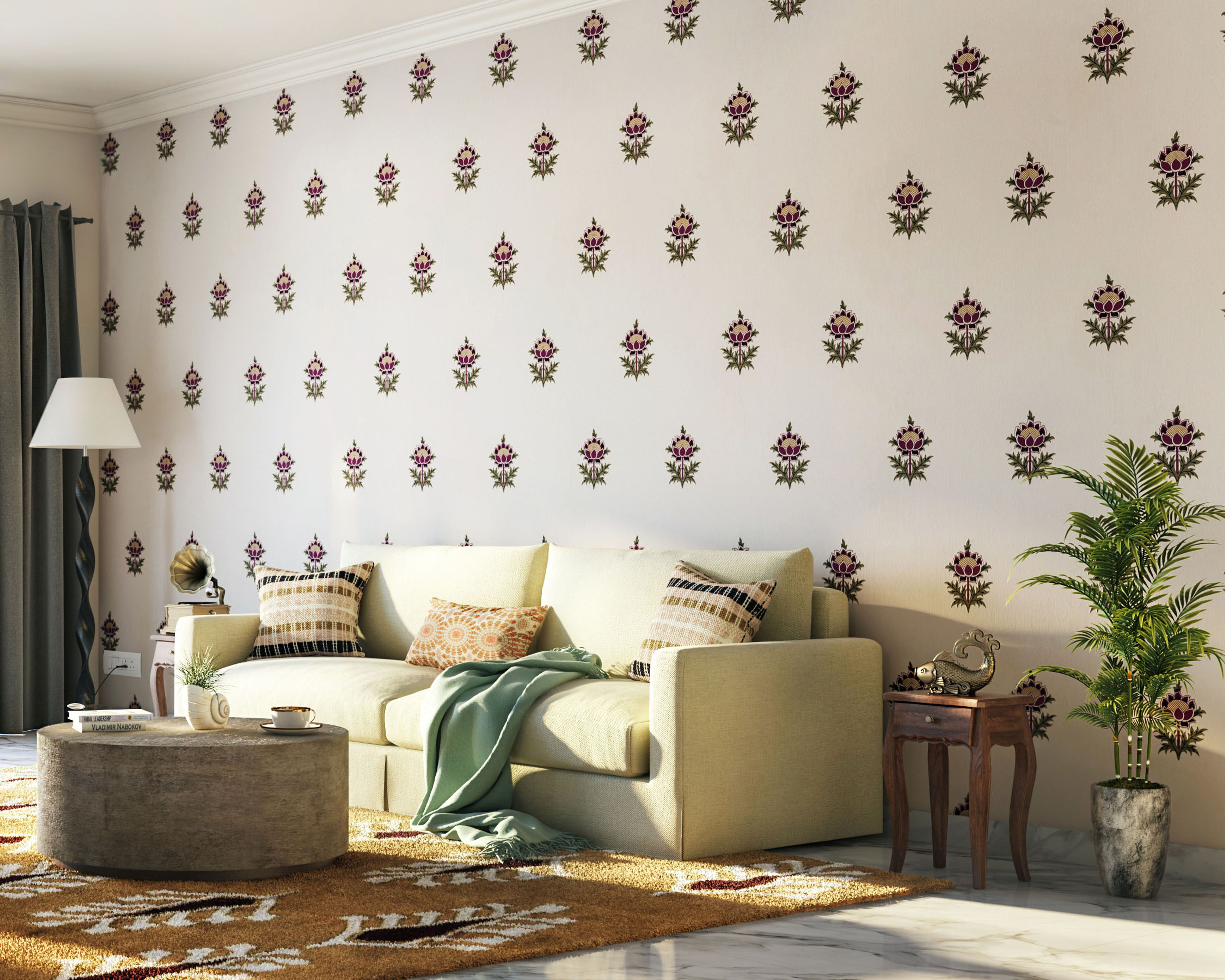 Multicoloured Floral Wallpaper Design For Living Rooms | Livspace