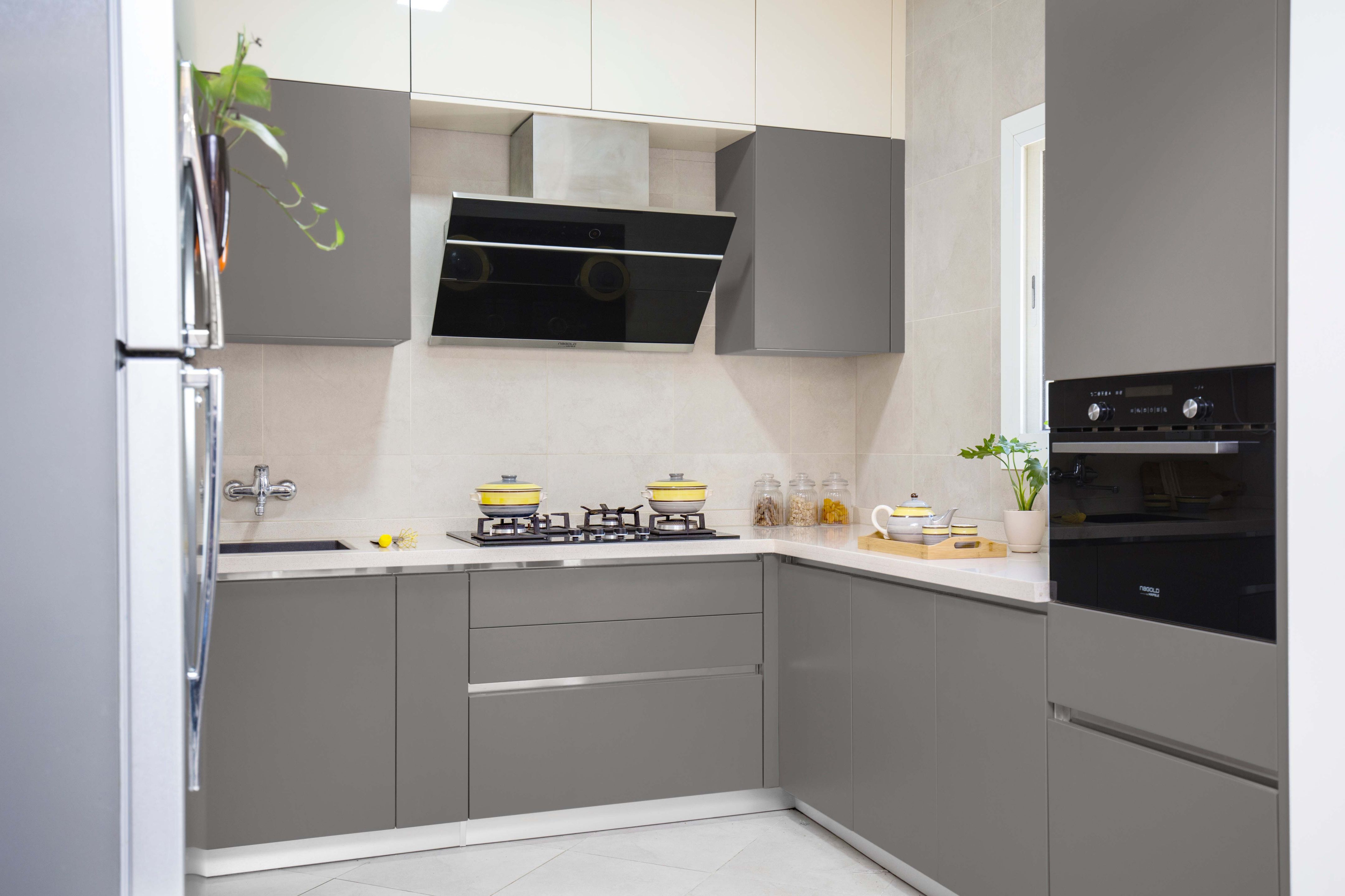 Grey And White L Shaped Modular Kitchen Design | Livspace