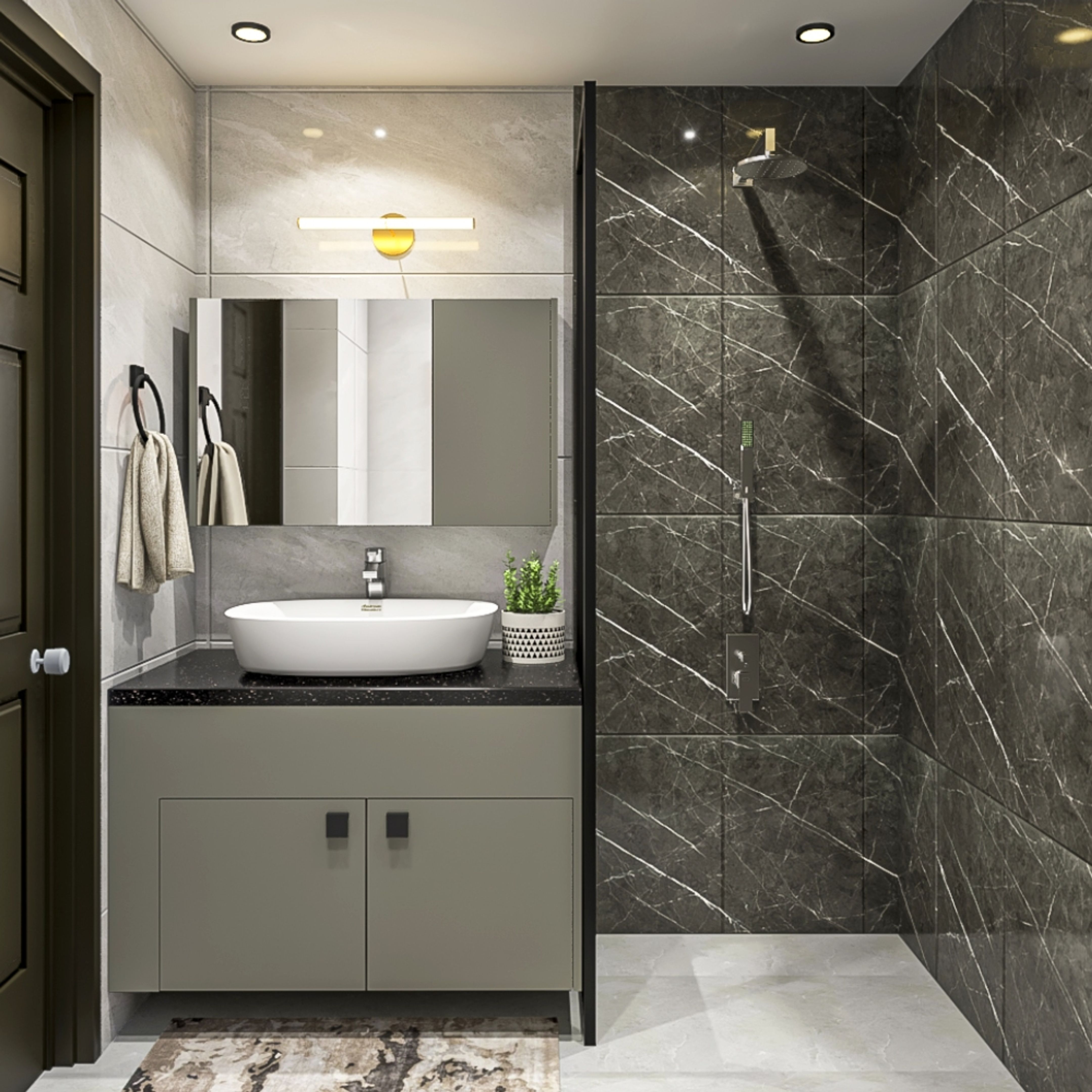 Bathroom Design With Grey And Black Wall Tiles | Livspace
