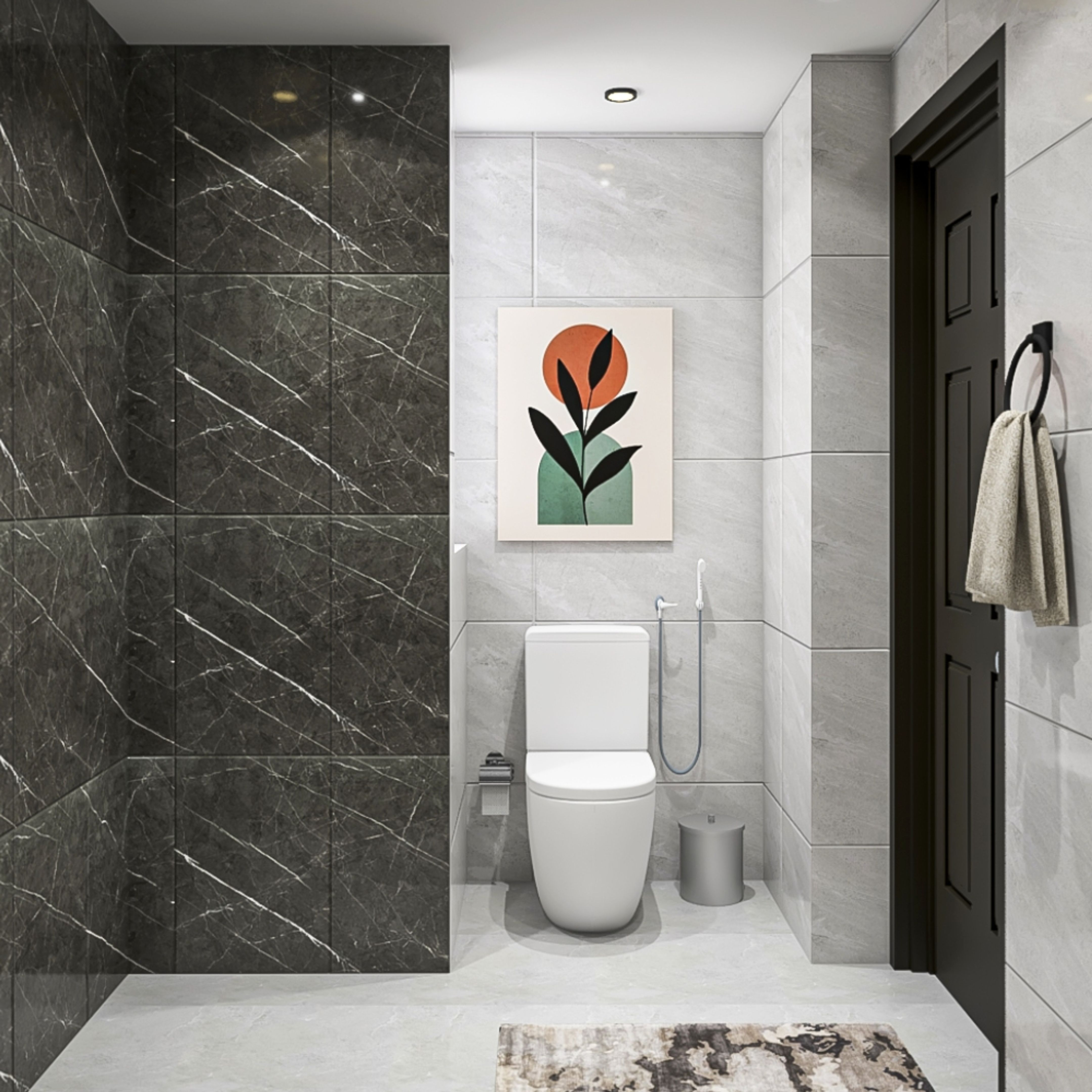 Bathroom Design With Grey And Black Wall Tiles | Livspace