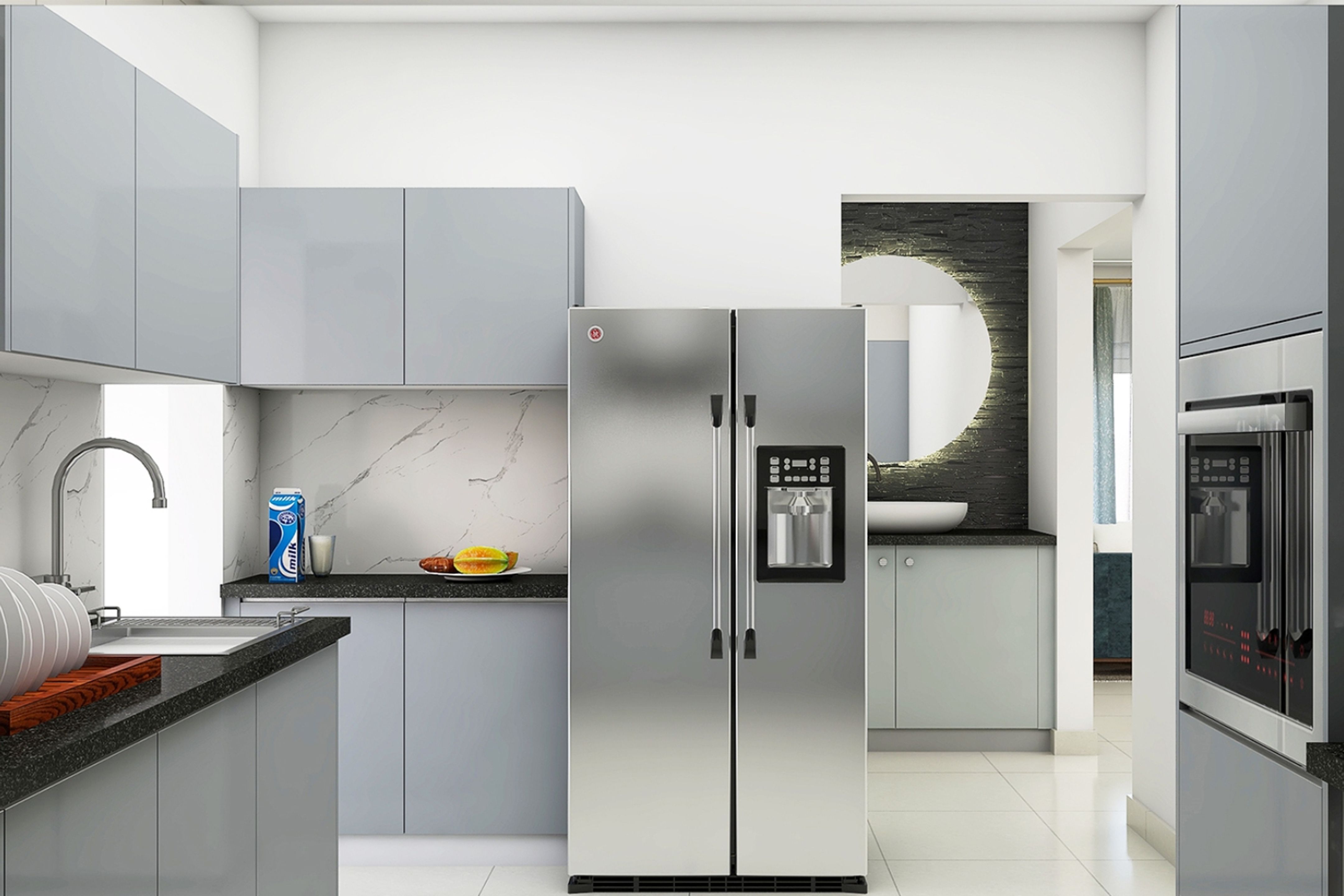 Grey And White Modular U Shaped Kitchen Design With Granite Countertop ...