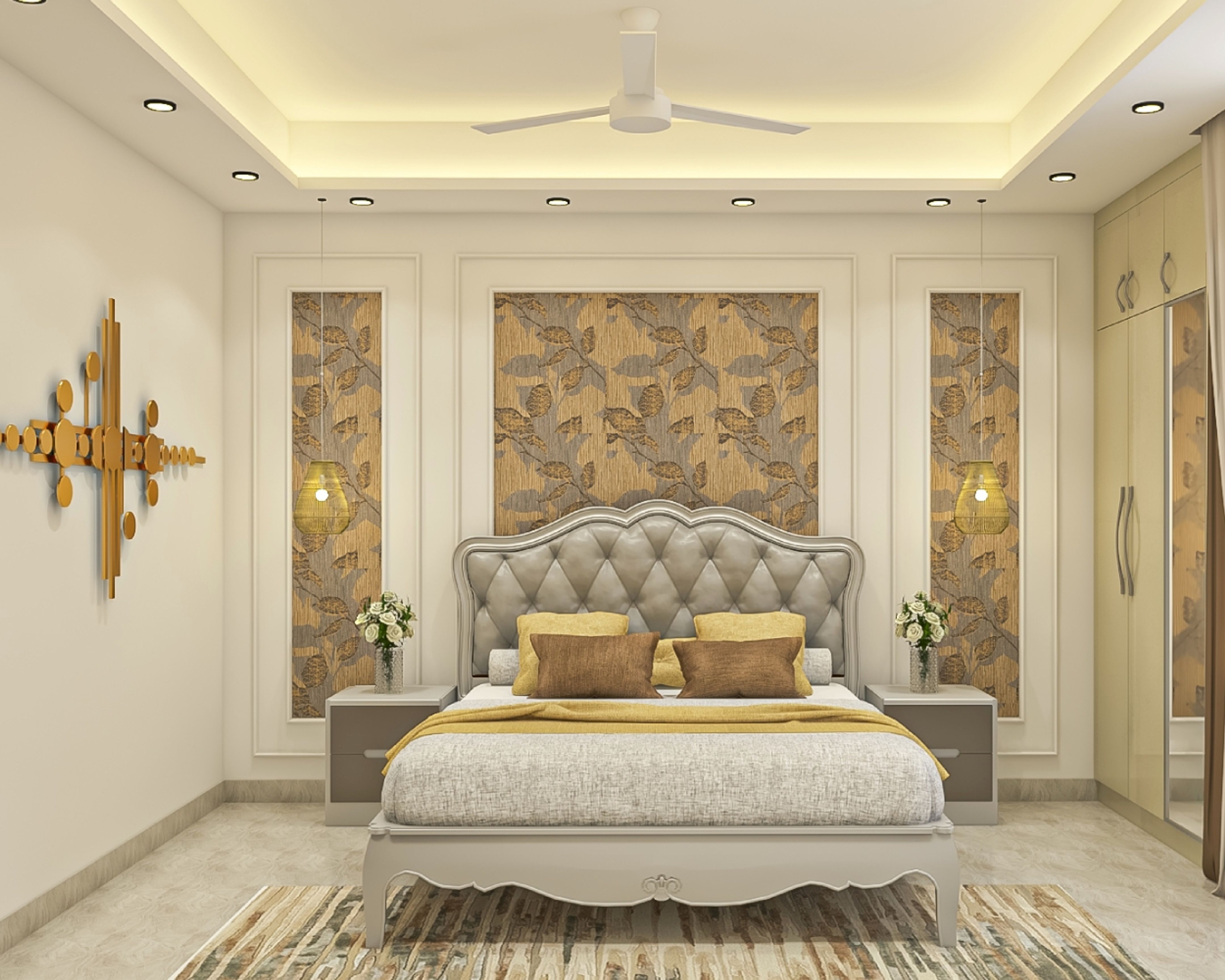 Master Bedroom Design With Grey Tufted Headboard | Livspace