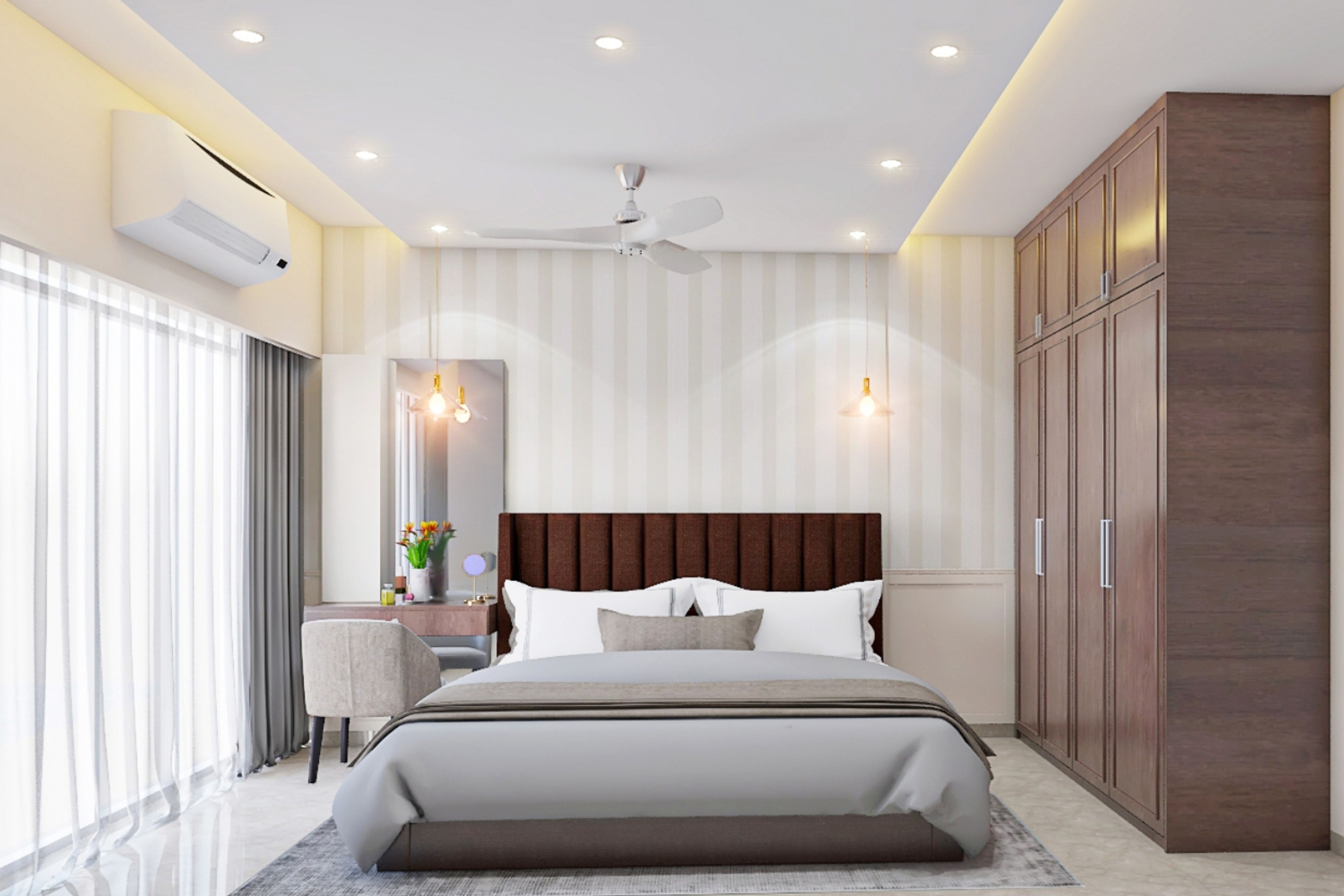 Master Bedroom Design With Beige And White Striped Wallpaper | Livspace