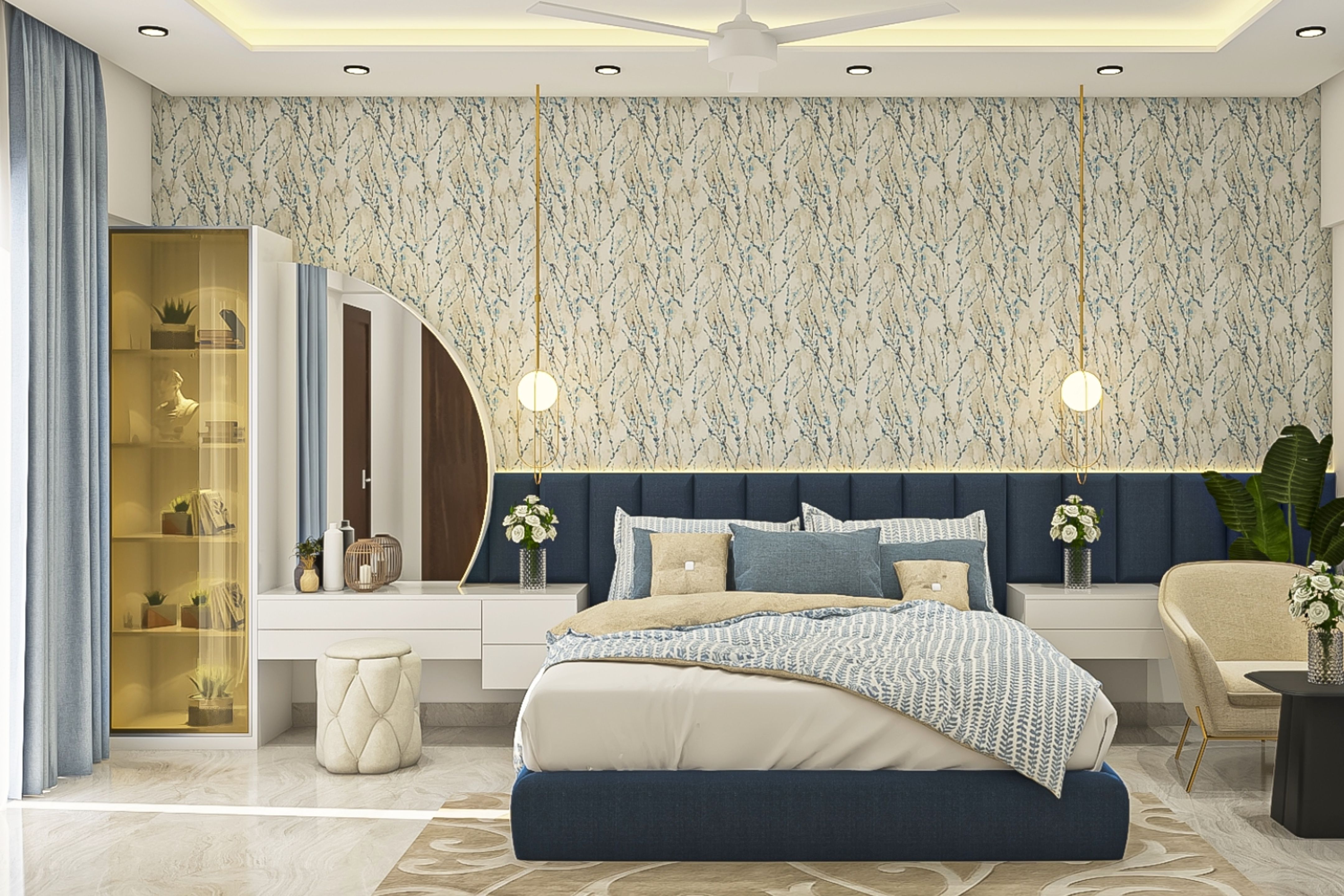 Master Bedroom Design With Beige Patterned Wallpaper | Livspace