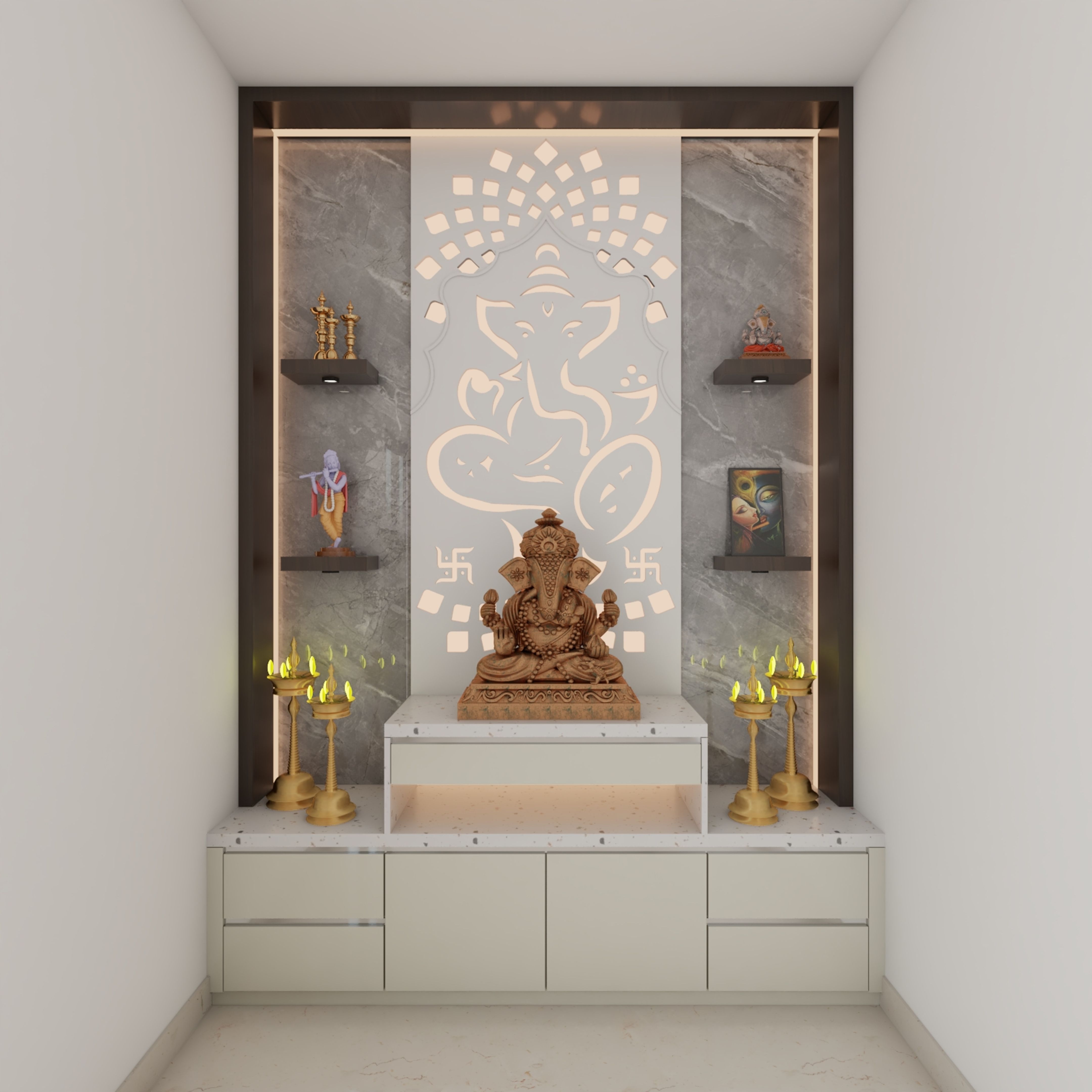 Champagne Toned Floor-Mounted Pooja Room Design | Livspace