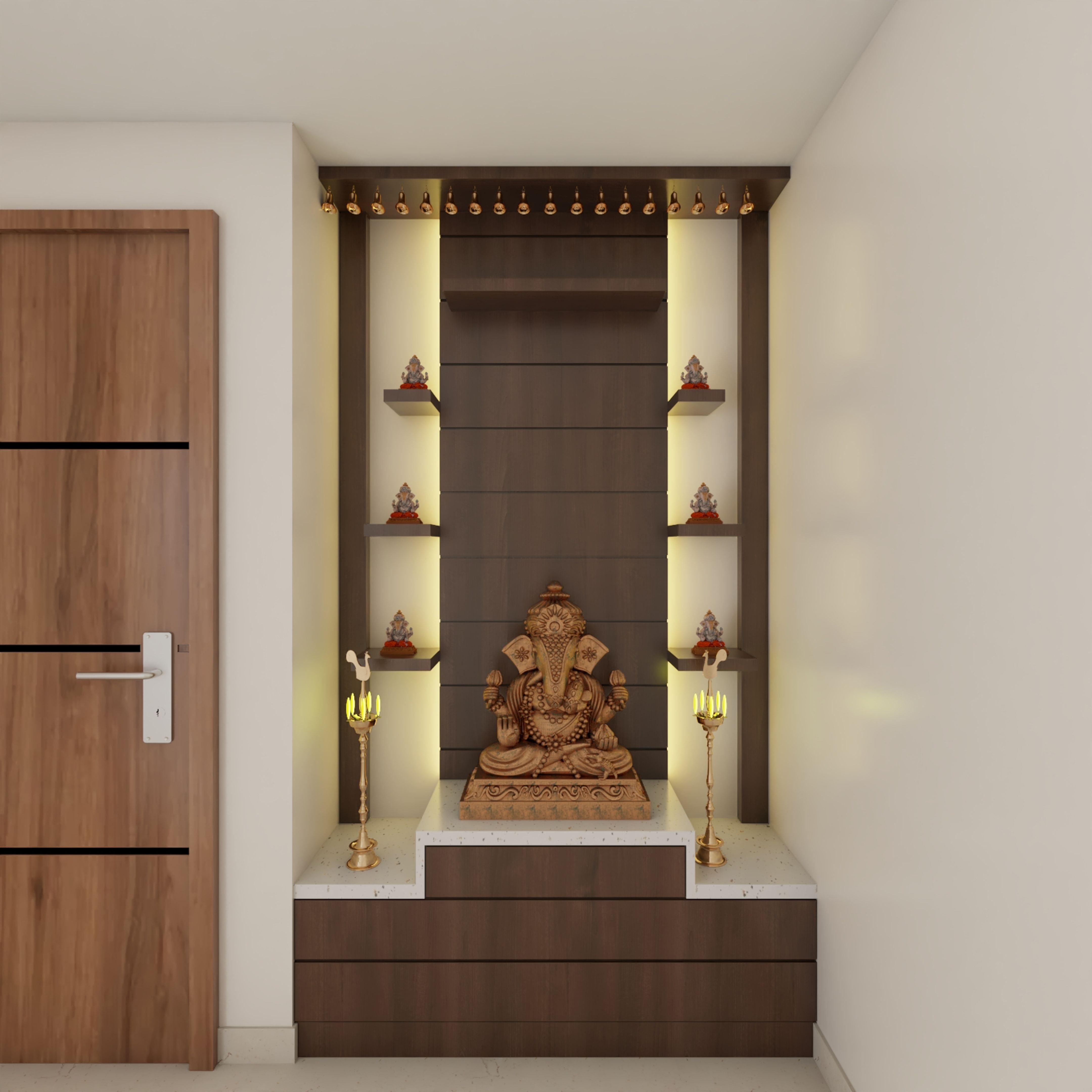 Wooden Pooja Room Design With Open Racks | Livspace