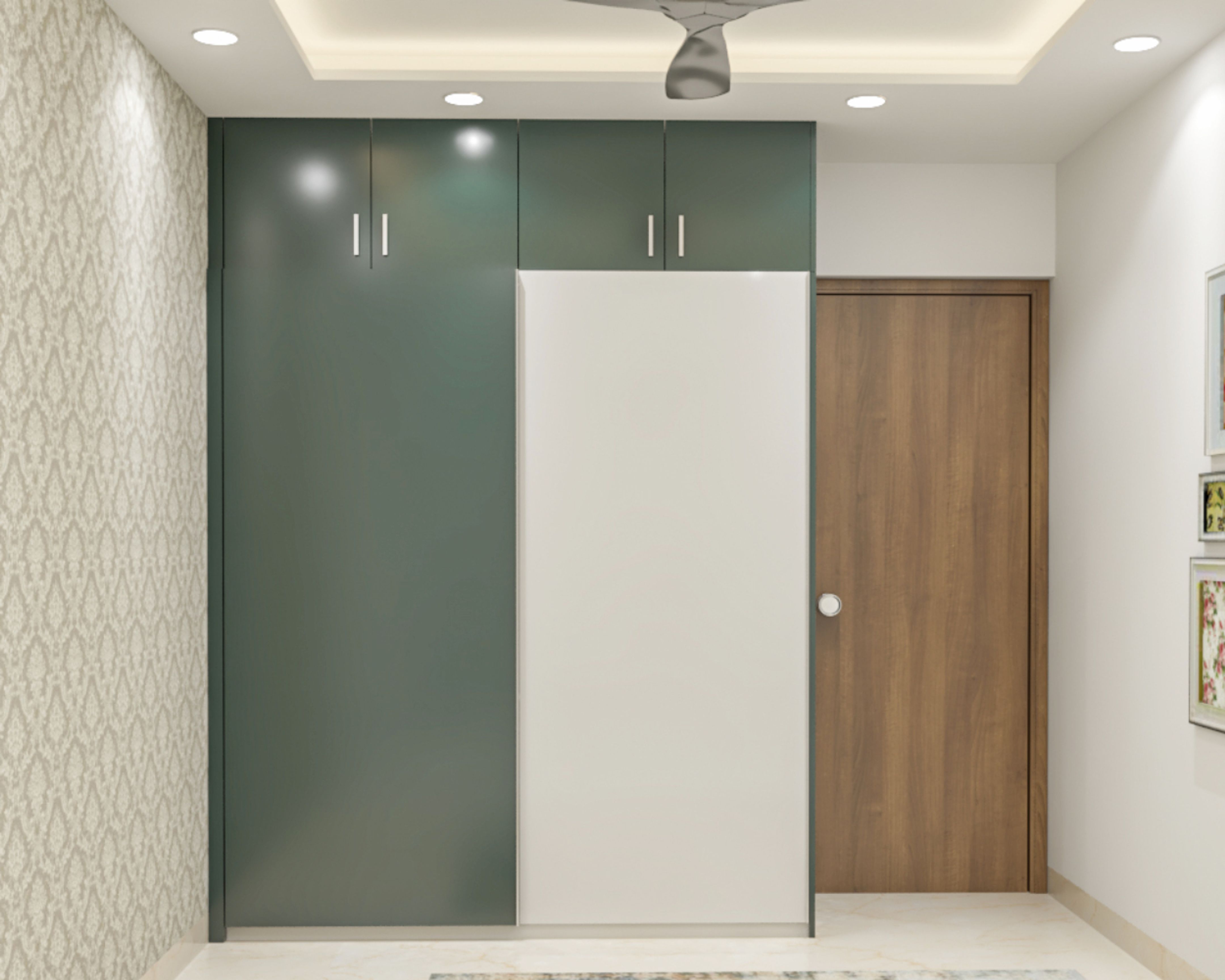 Modern 2-Door Sliding Wardrobe Design In Green And Frosty White | Livspace