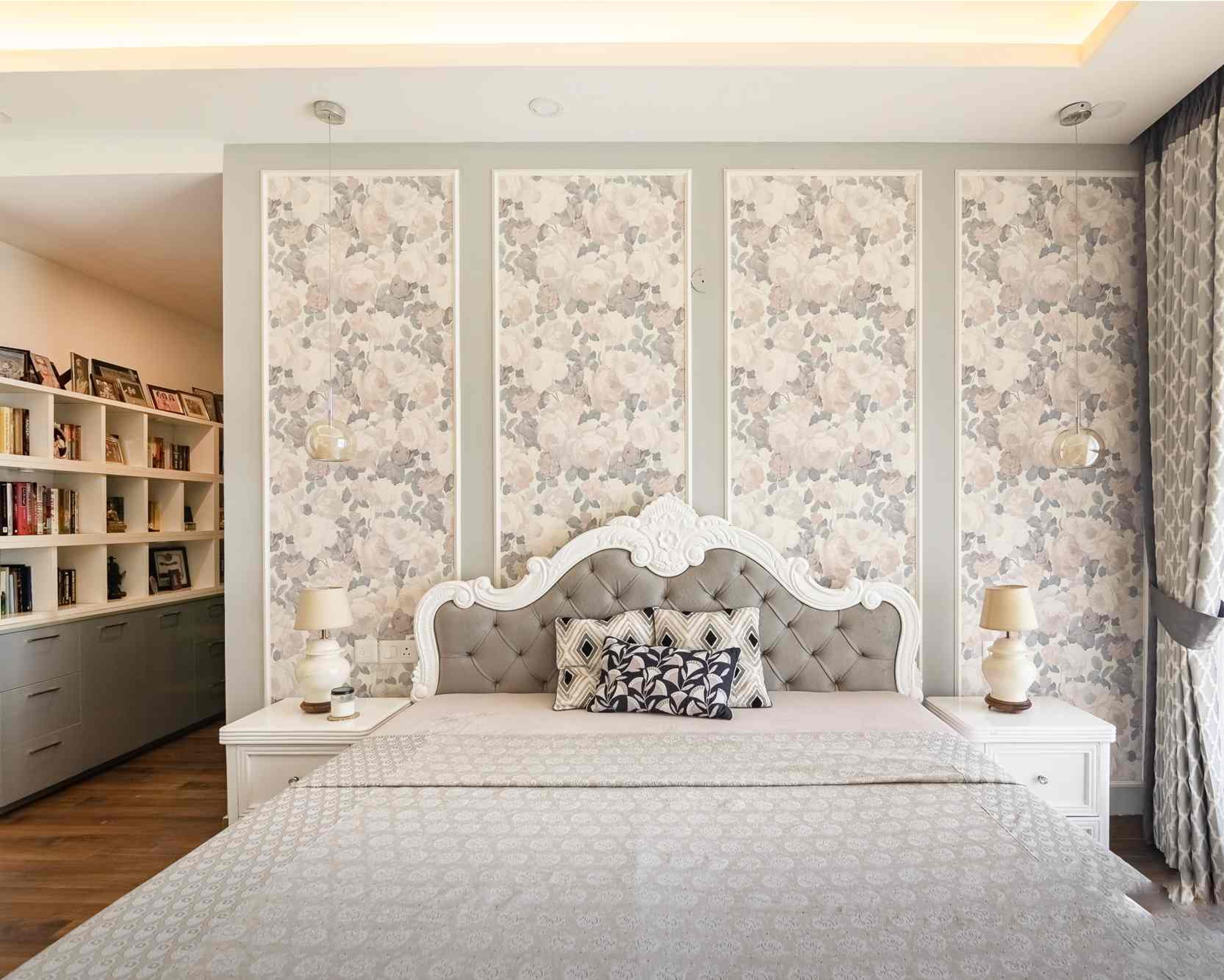 Classic Wall Design For Bedroom With A White And Grey Wallpaper | Livspace