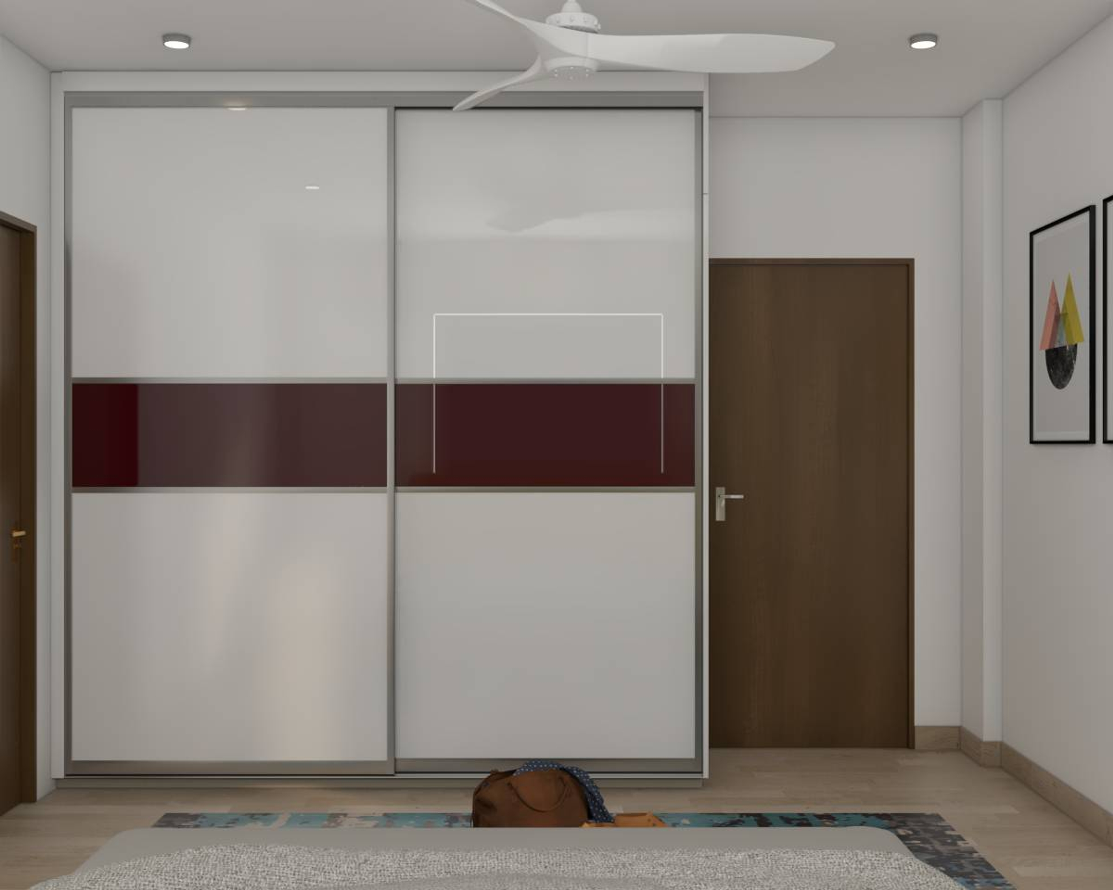 Contemporary Sliding Wardrobe Design With Horizontal Maroon Strip Livspace 1444