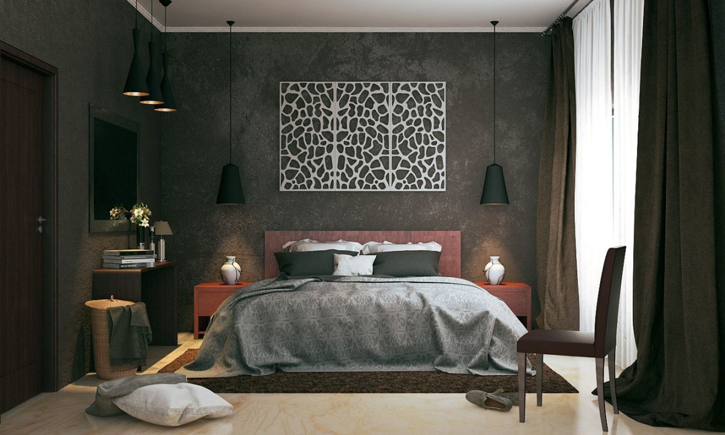 Modern Grey And Black Master Bedroom Design With Wall Paint