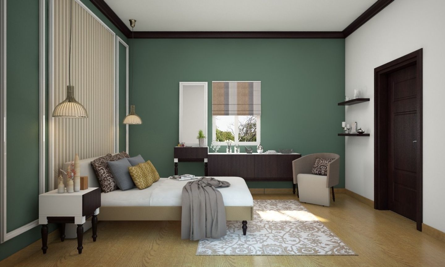 Classic Guest Bedroom Design In Green And Black With Wall Design