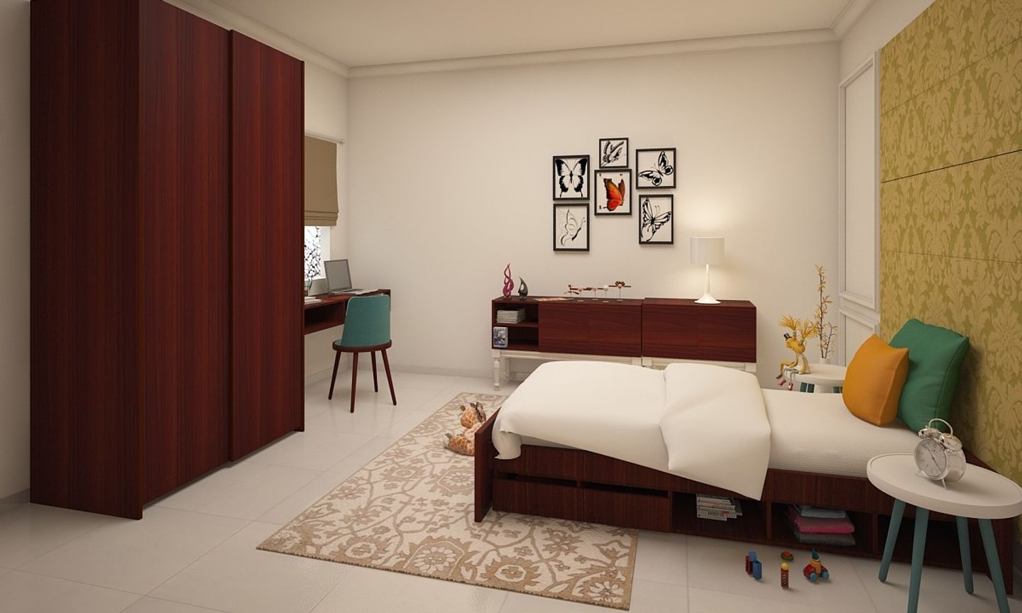 Contemporary Kids Bedroom Design With Beige Wallpaper