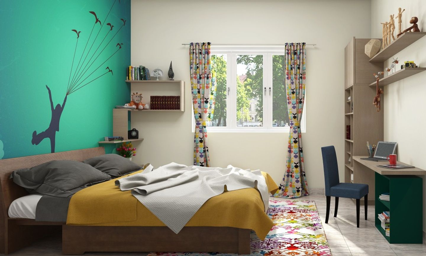 Modern Green And White Kid's Room Design With Wall Design