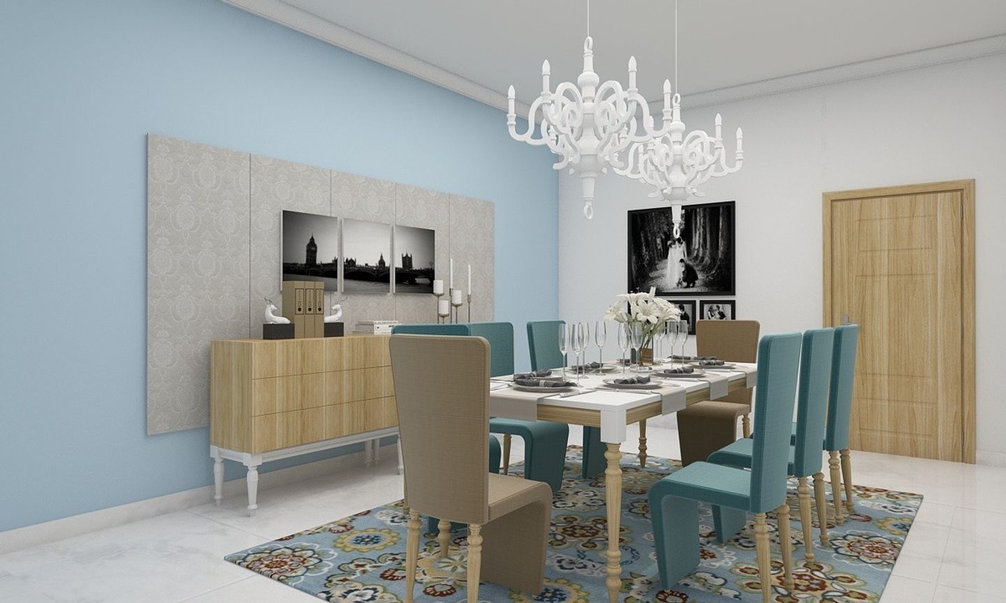 Blue And Beige Classic 8-Seater Dining Room Design