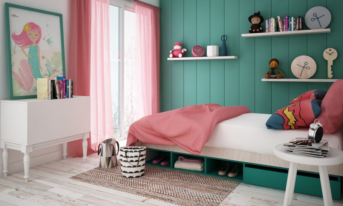 Modern Kid's Room With Green And Pink Palette
