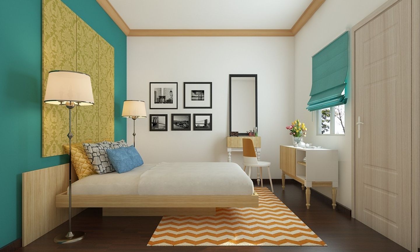 Modern Bedroom Design With Orange And Sea Green Interiors