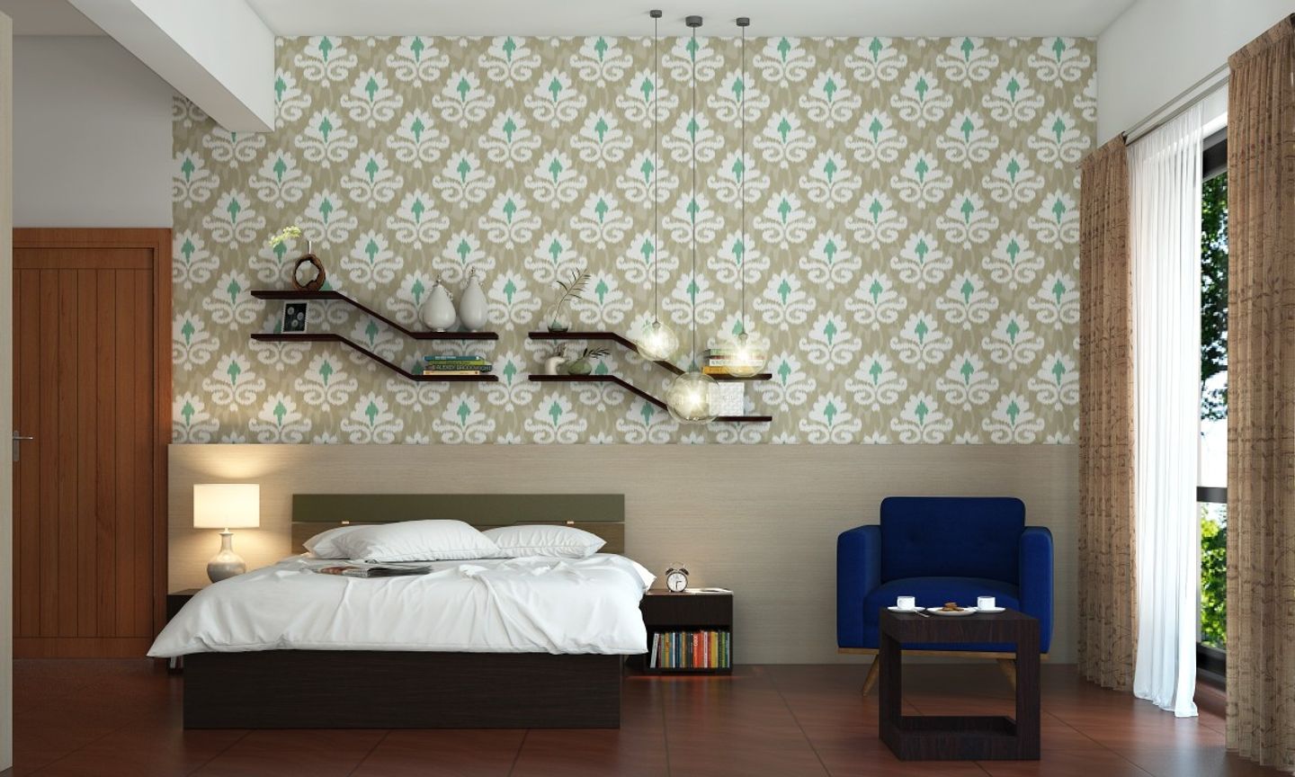 Modern Master Bedroom Design With Wall Shelves And Wallpaper