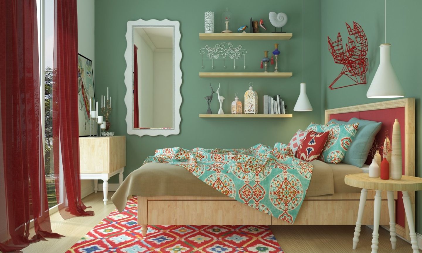 Eclectic Master Bedroom Design In Green And Cherry Red