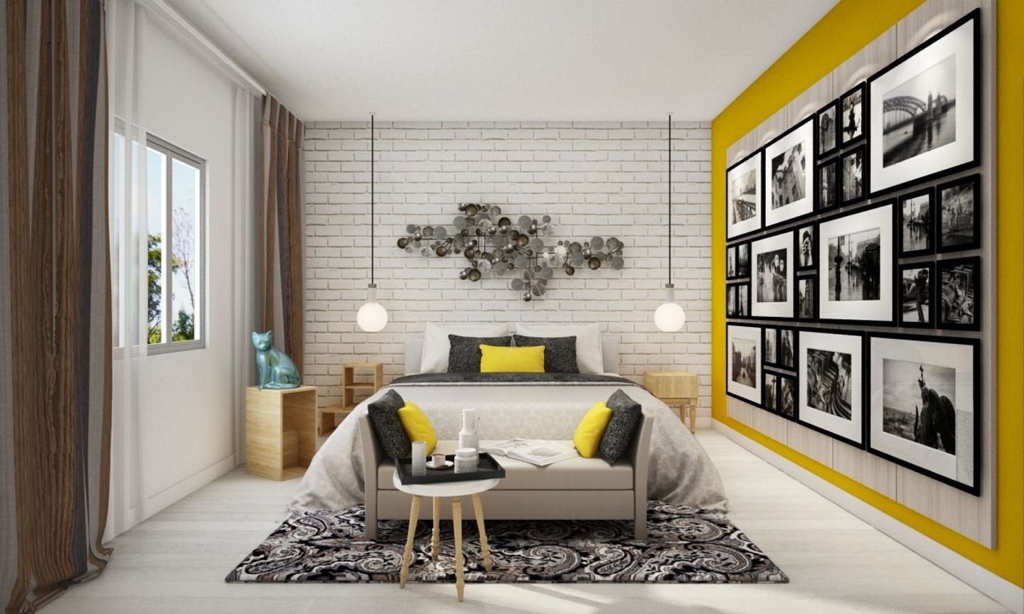 Contemporary Bedroom Design With Grey And Yelow Interiors