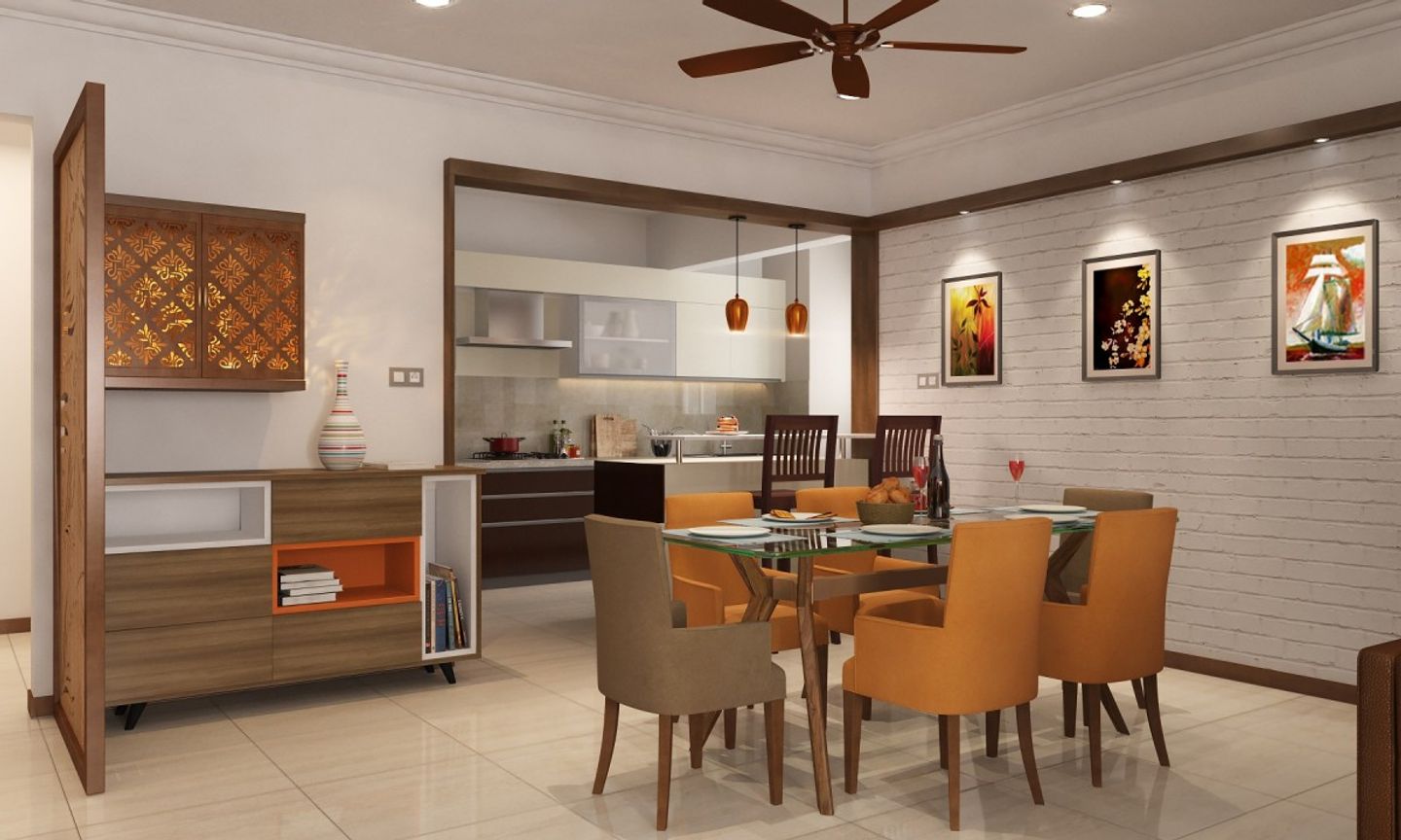 Contemporary 6-Seater Dining Room Design With Orange And Brown Chairs