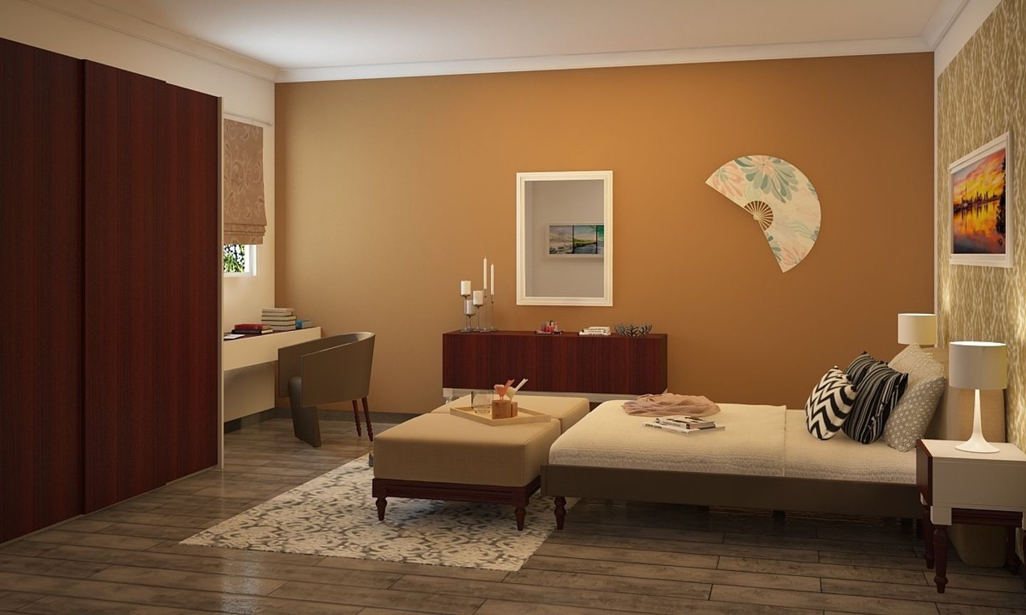 Modern Master Bedroom Design With Wooden Finish Dressing Unit