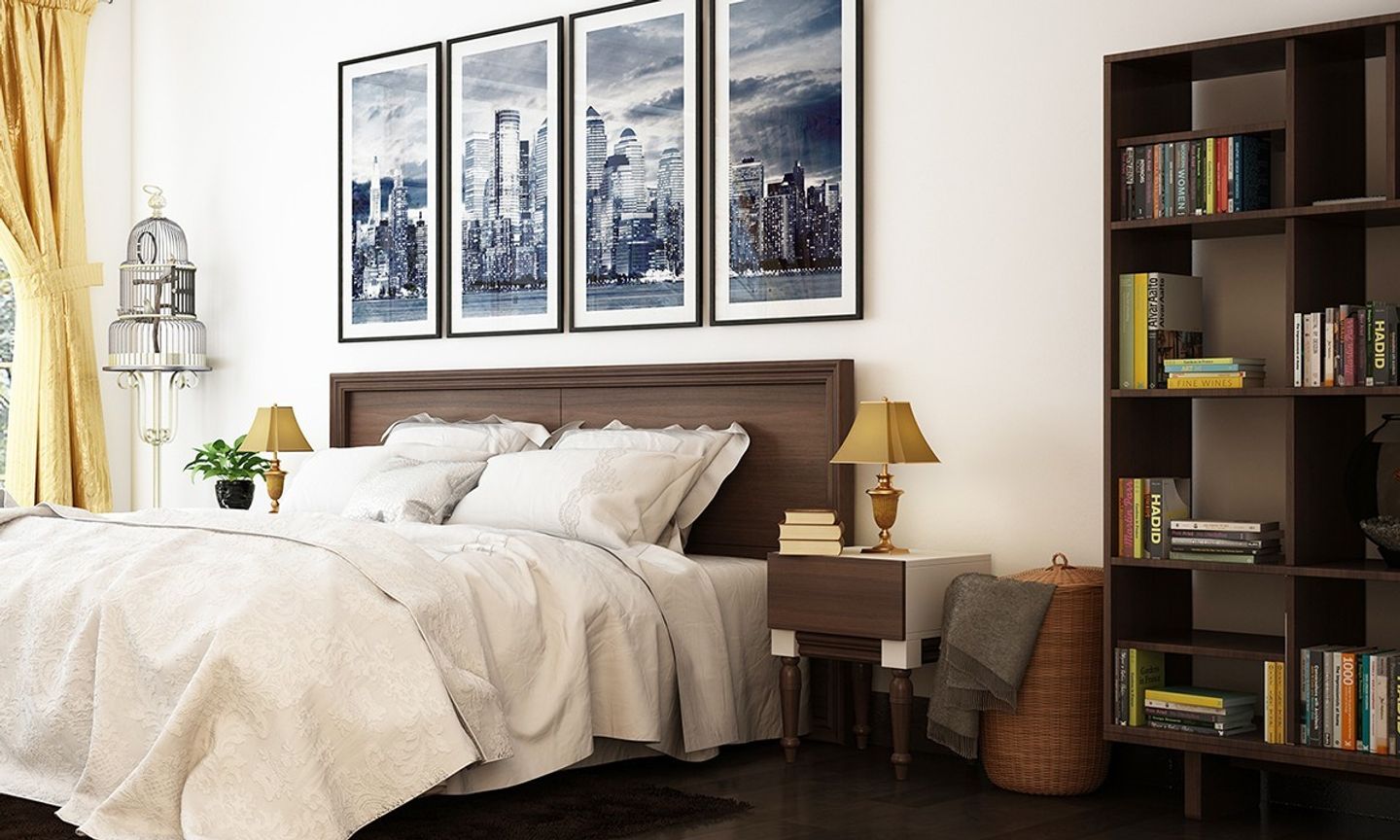 Contemporary Master Bedroom With Buildings Wall Frames