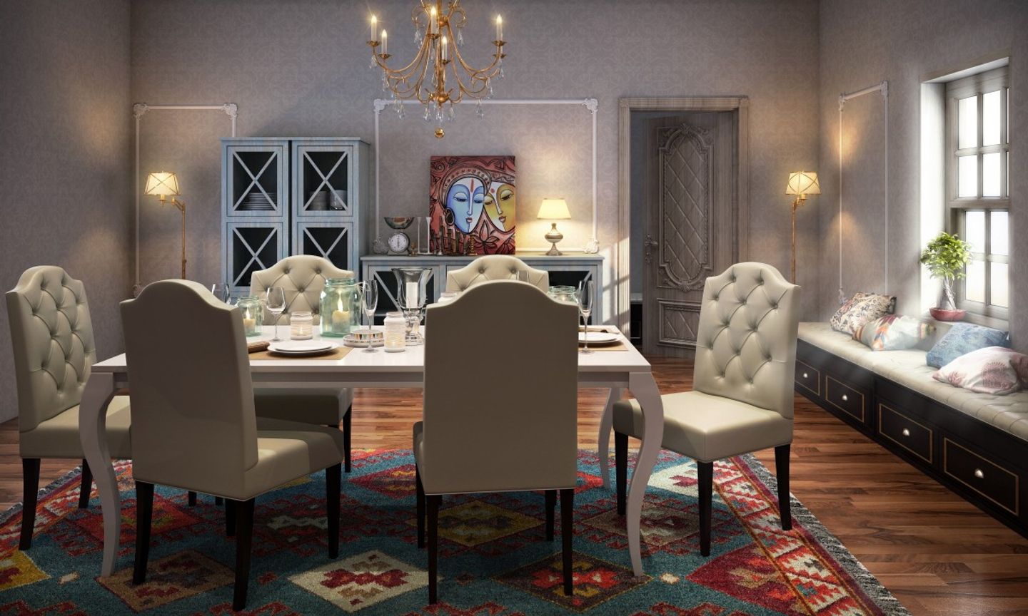 Modern 6-Seater White And Beige Dining Room Design With Tufted Chairs