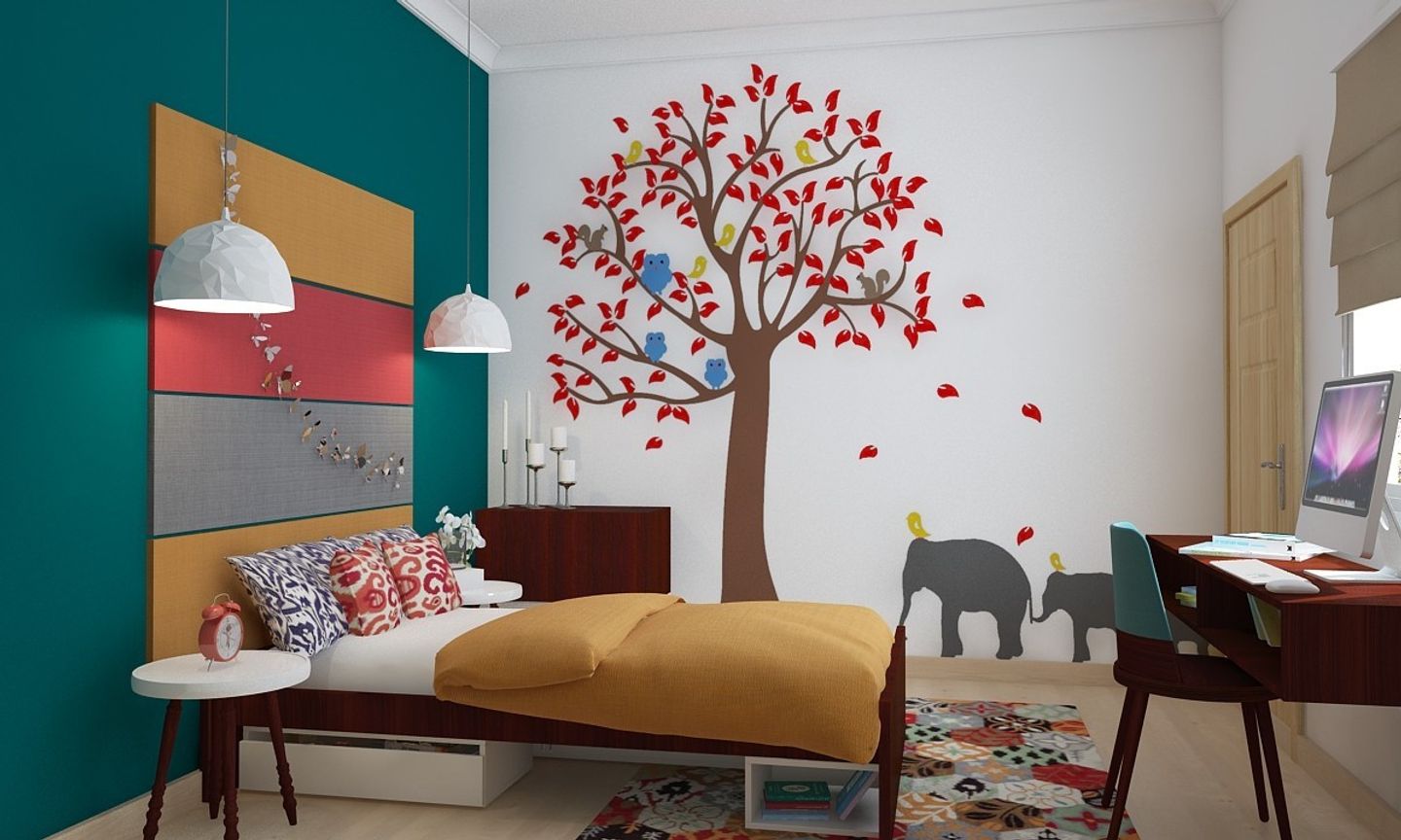 Compact Kid's Room Design With Peacock Green And Brown Interiors
