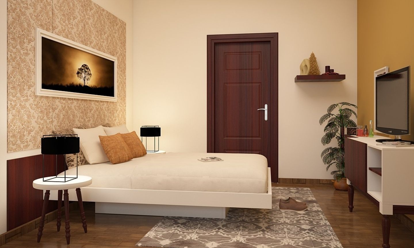 Mid-Century Guest Bedroom Design With Wallpaint