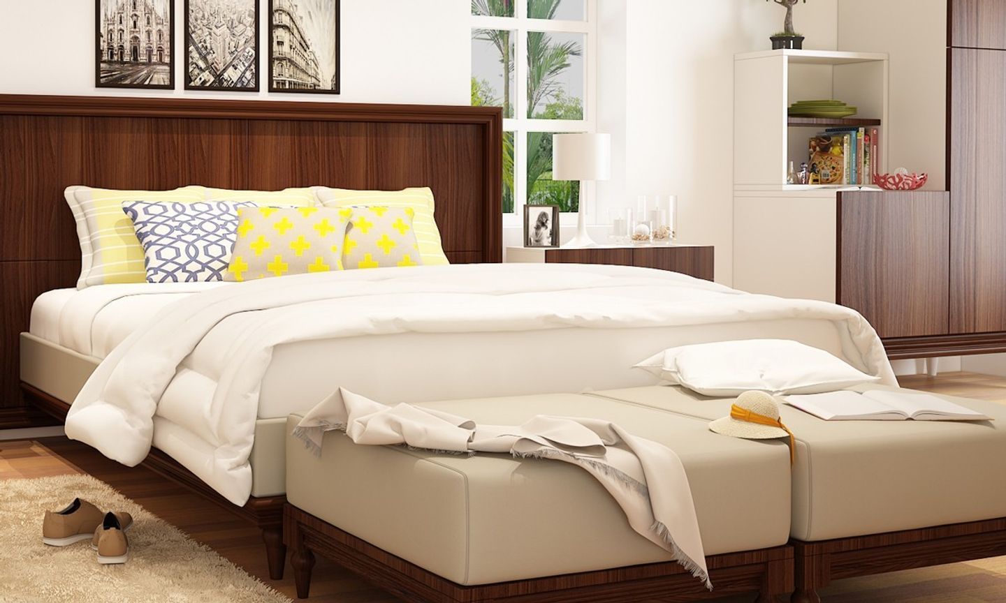 Spacious White And Brown Bedroom Design | Livspace