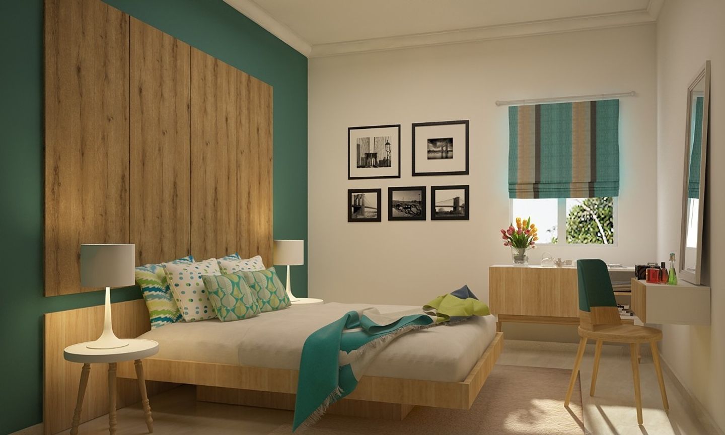 Modern Guest Bedroom Design With Teal Green And White Interiors
