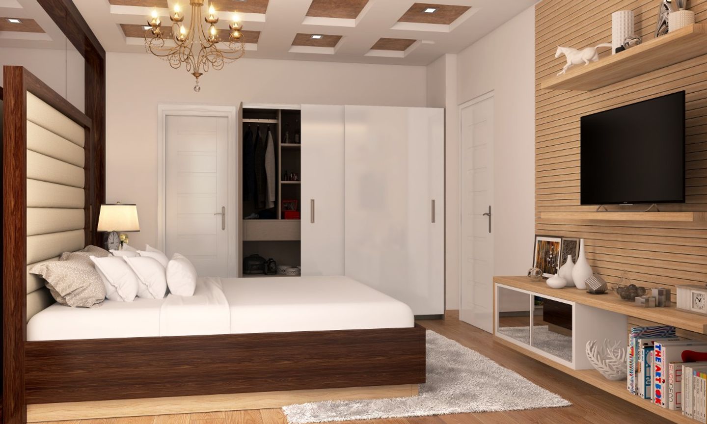 Contemporary Master Bedroom Design In White And Brown With Wall Design