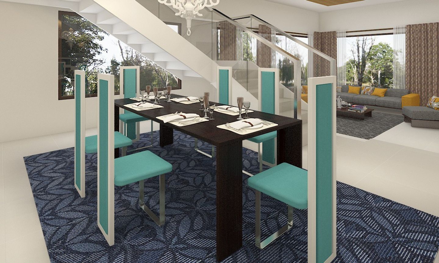 Modern Dark Wood 6-Seater Dining Room Design With Mint Green And White Chairs