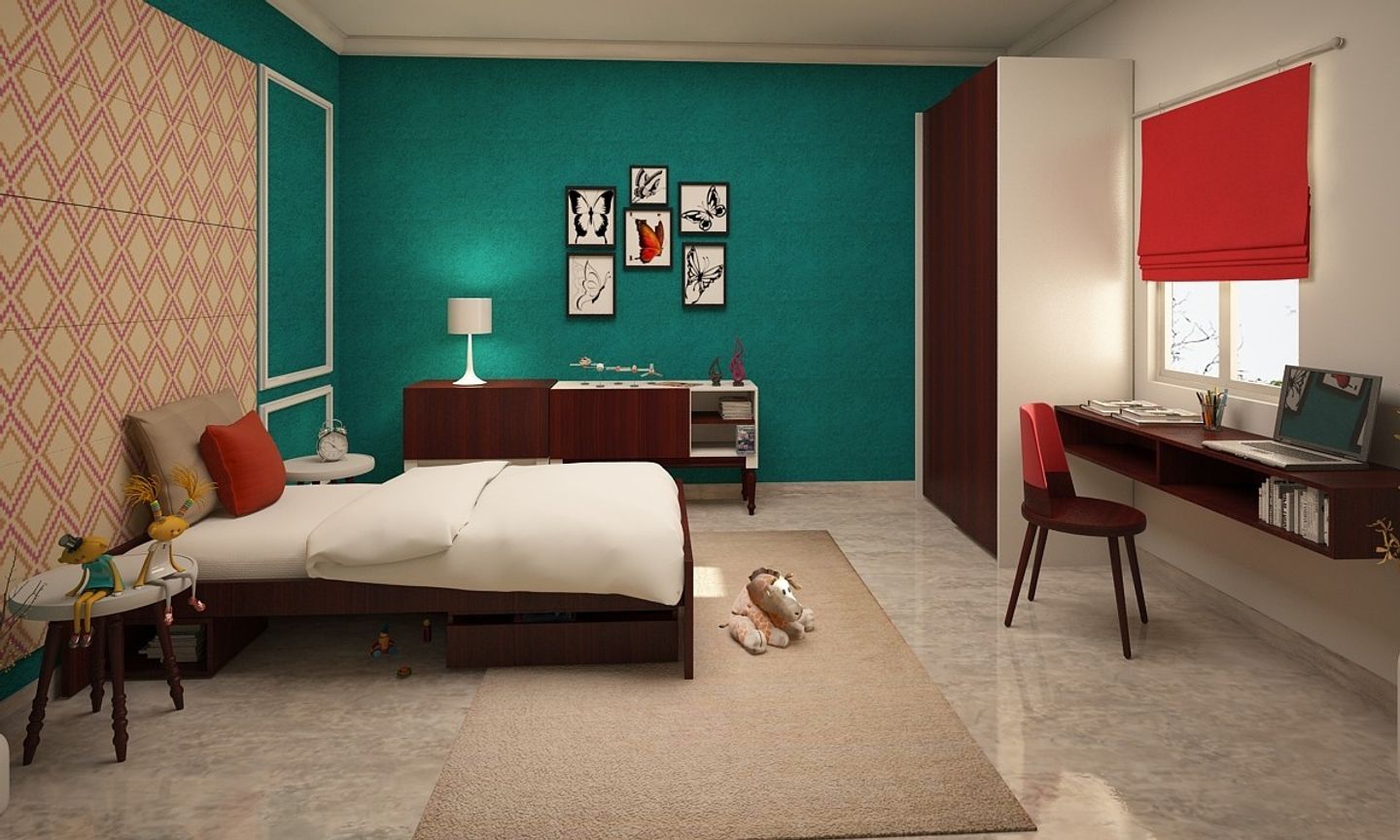 Modern Kid's Bedroom Design With Walnut Finshed Furniture