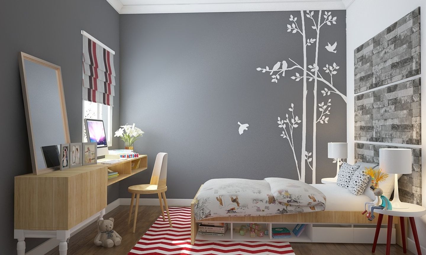 Grey Nature Inspired Wallpainted Modern Kids Room Design