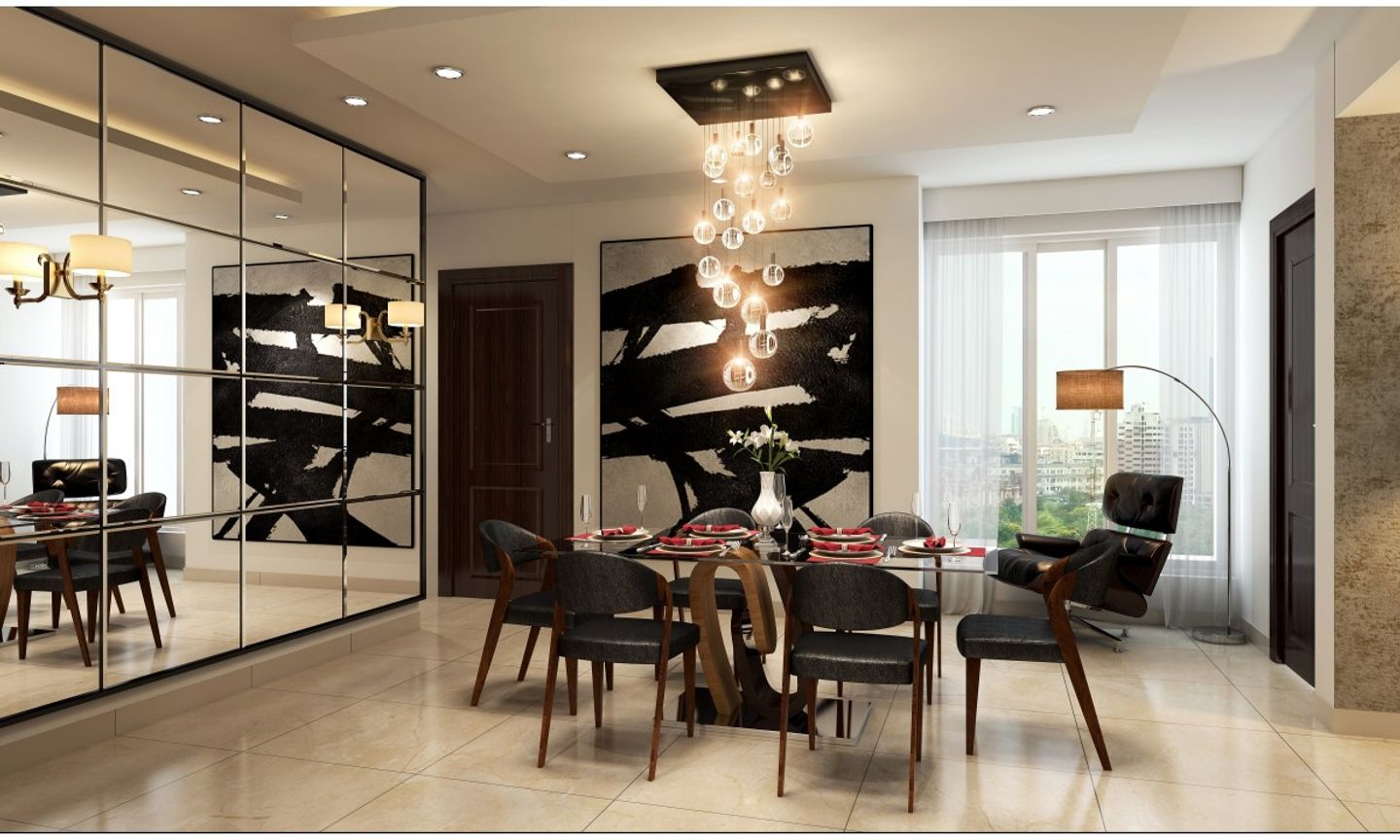 Modern 6-Seater Black And Wood Dining Room Design With Ornamental Chandelier
