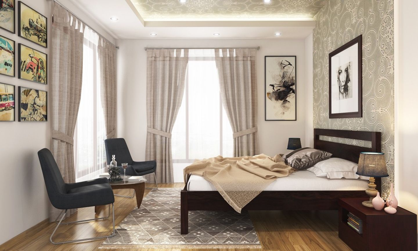 Contemporary Master Bedroom Design With Wall Paintings And Wallpaper