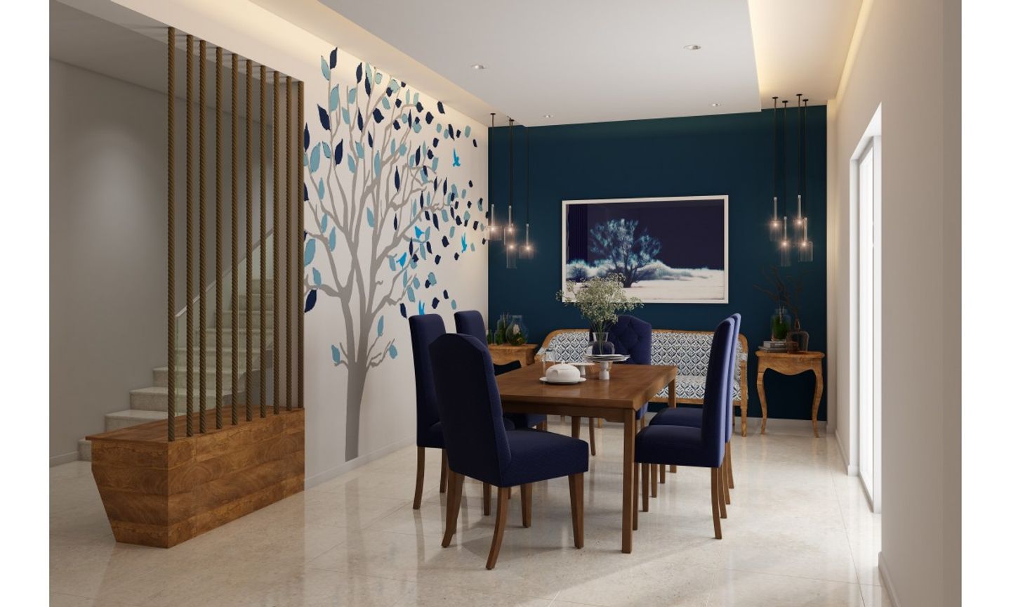 Modern 6-Seater Wooden Dining Room Design With Dark Blue Chairs