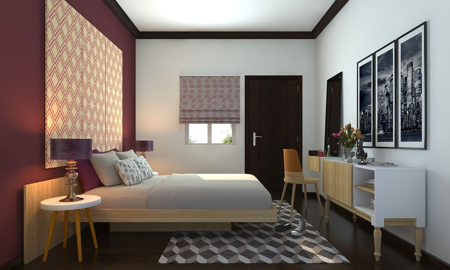 Modern Guest Room Design With Cherry Wallpaint