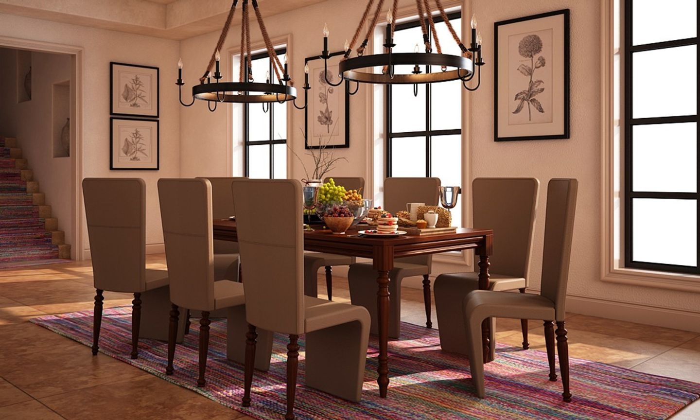 Classic 8-Seater Beige And Wood Dining Room Design With Faux Leather Chairs