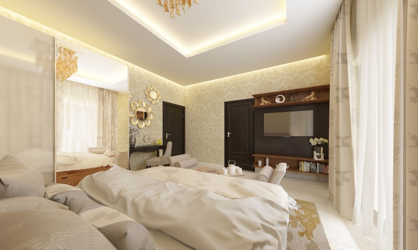 Spacious Master Bedroom Design With Wallpaper And Wall Design