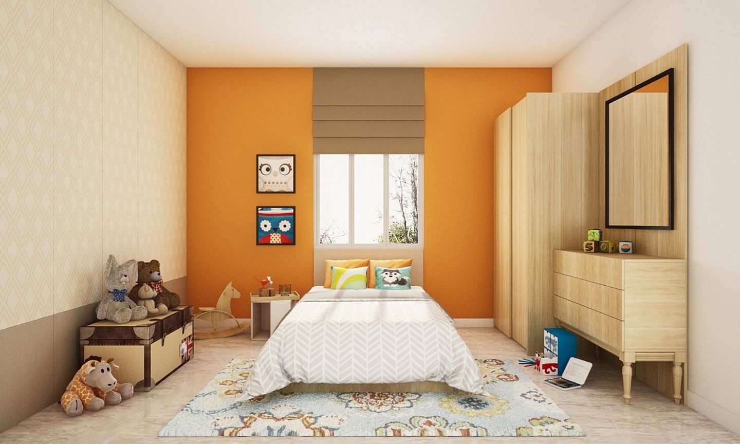 Contemporary Kid's Room Design With Oak And Orange Interiors
