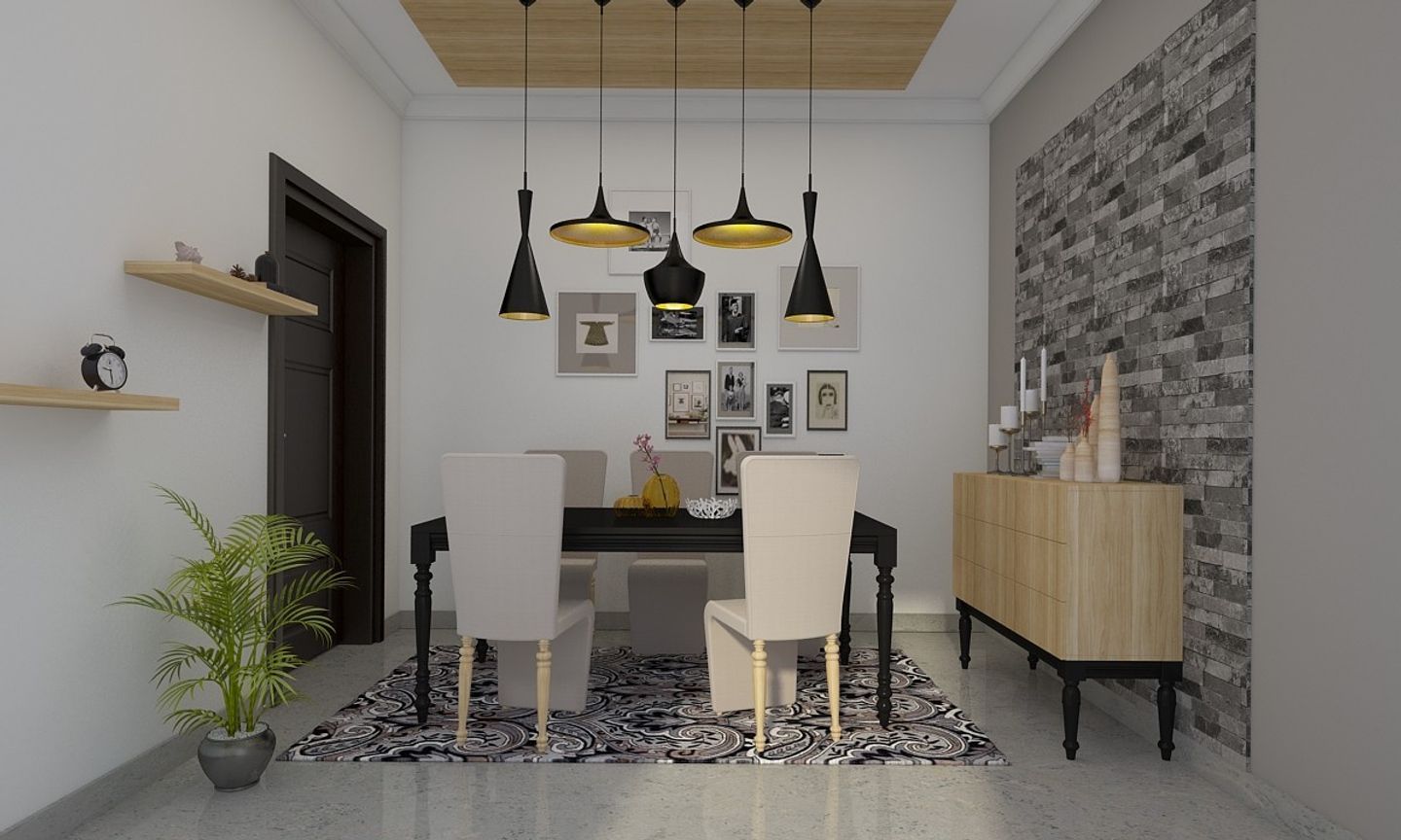 Contemporary 6-Seater Black Dining Room Design With Grey And Beige Chairs