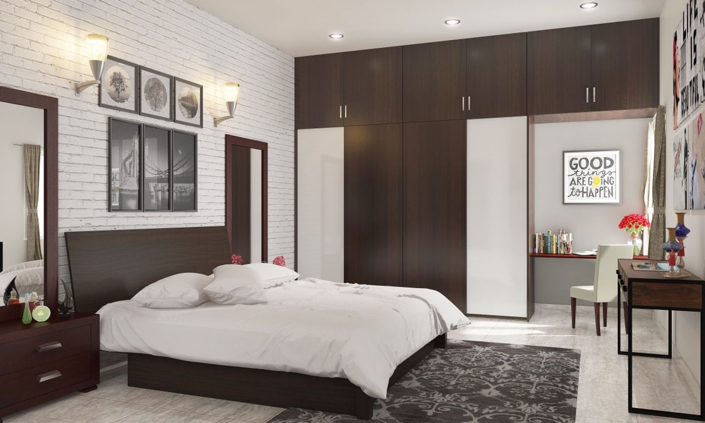 Contemporary White And Brown Bedroom Design With Wallpaper
