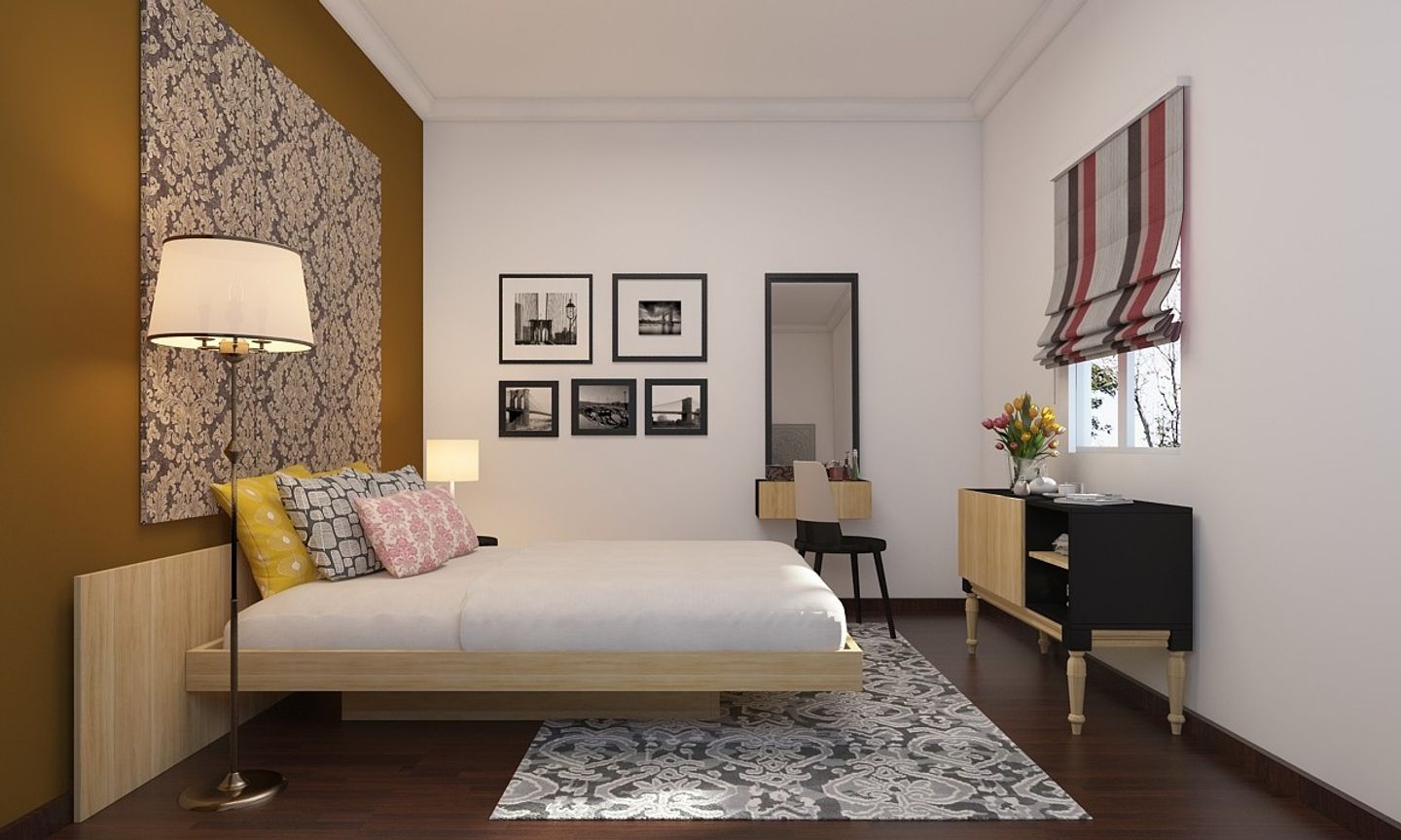 Modern Guest Bedroom Design With Mustard Orage And Oak Wood Textures